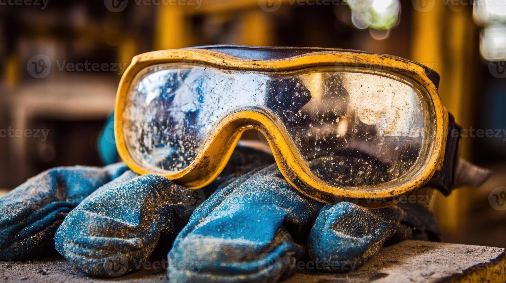 Dirty protective goggles resting on work gloves in manufacturing setting photo