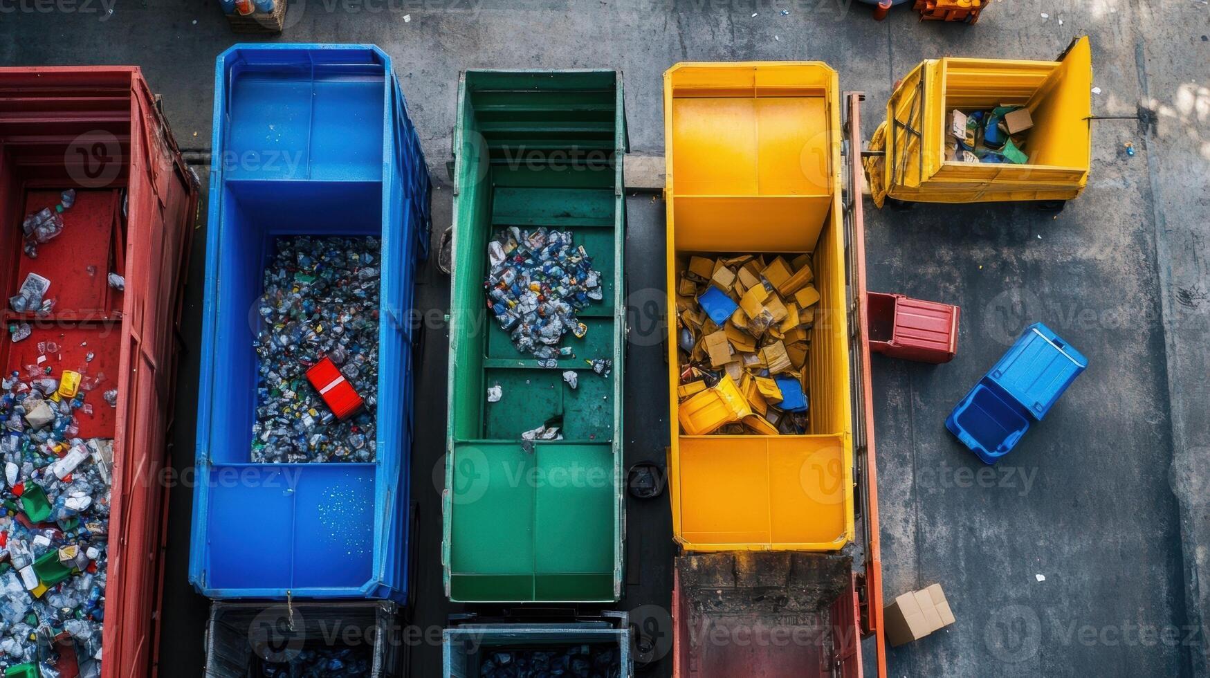 Colorful industrial dumpsters overflowing with garbage in recycling center photo