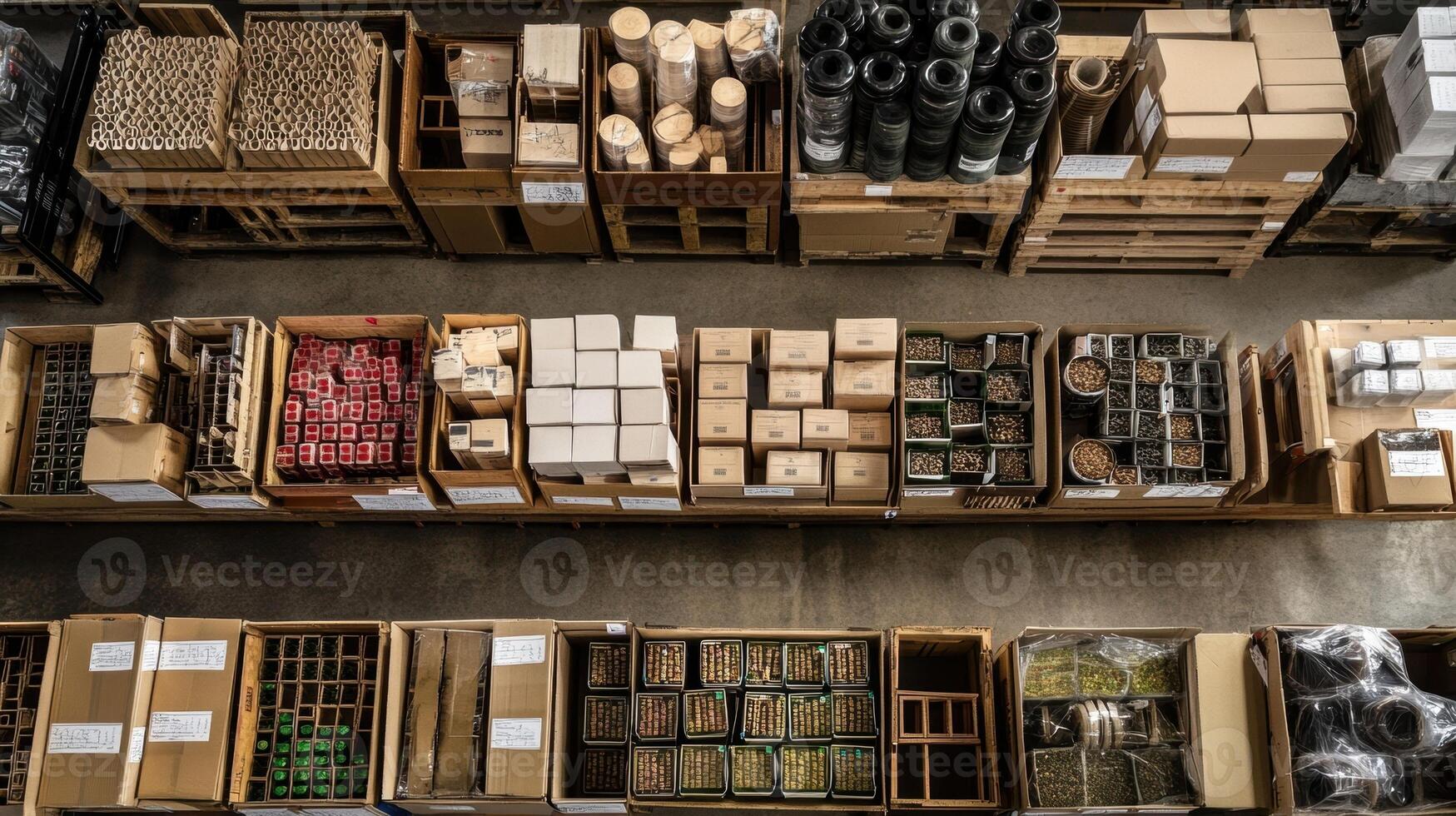 Warehouse showing organized inventory on wooden pallets from above photo