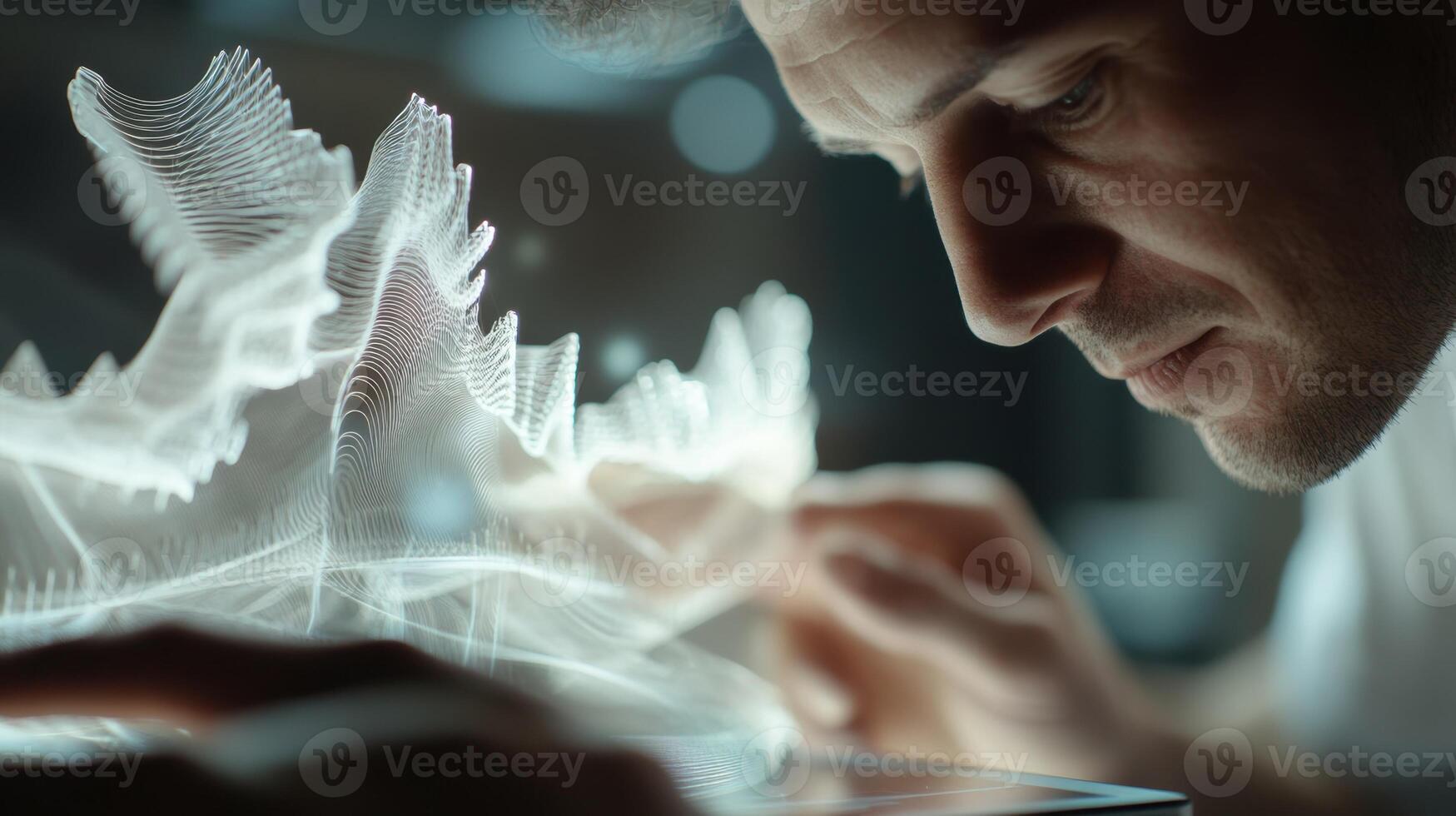 Scientist interacting with futuristic 3d hologram data visualization interface photo