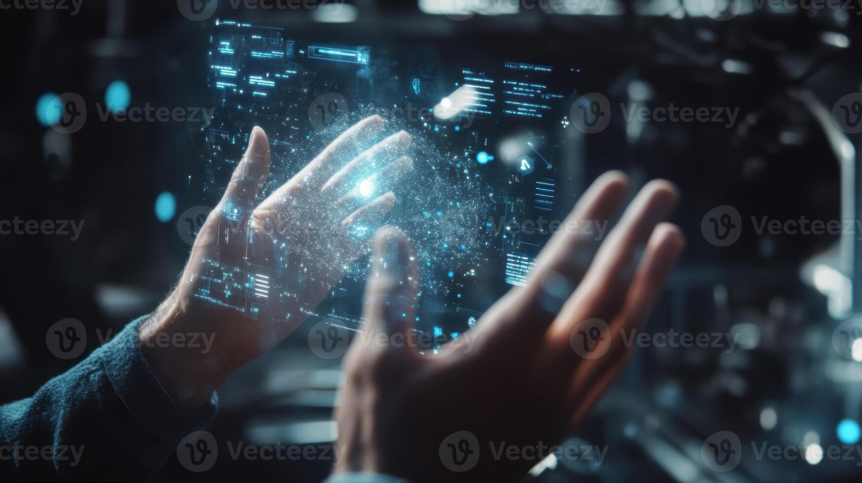 Engineer interacting with futuristic holographic interface in high tech laboratory photo