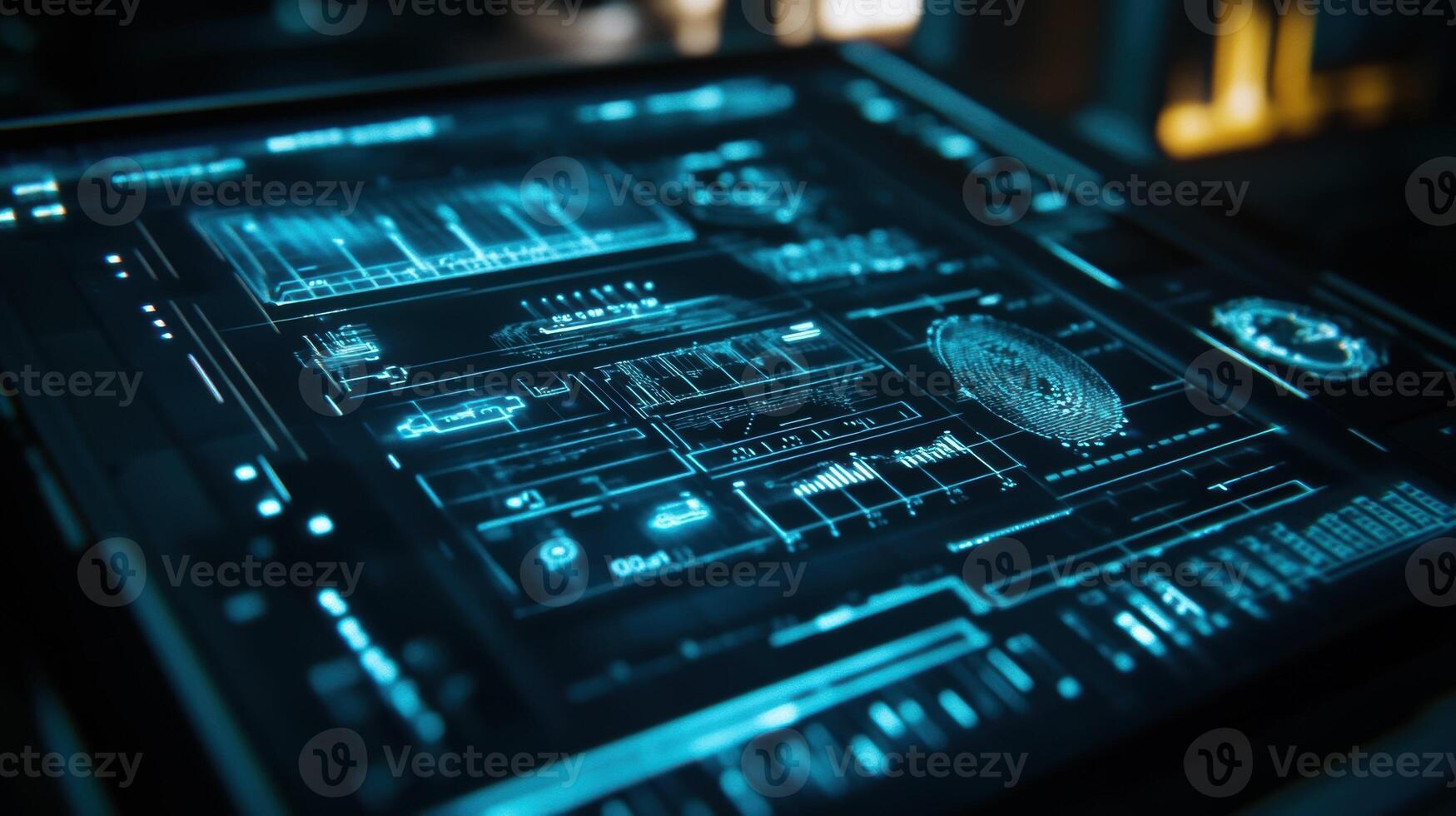Futuristic transparent display showing complex data analysis and fingerprint recognition photo