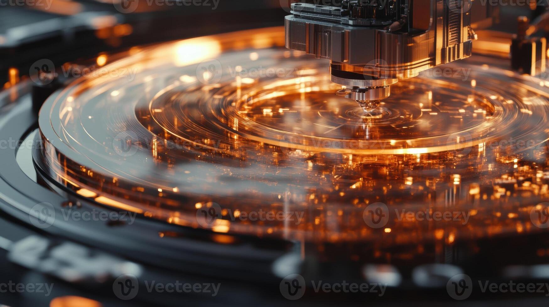 Futuristic industrial robot arm engraving a transparent surface with laser precision photo
