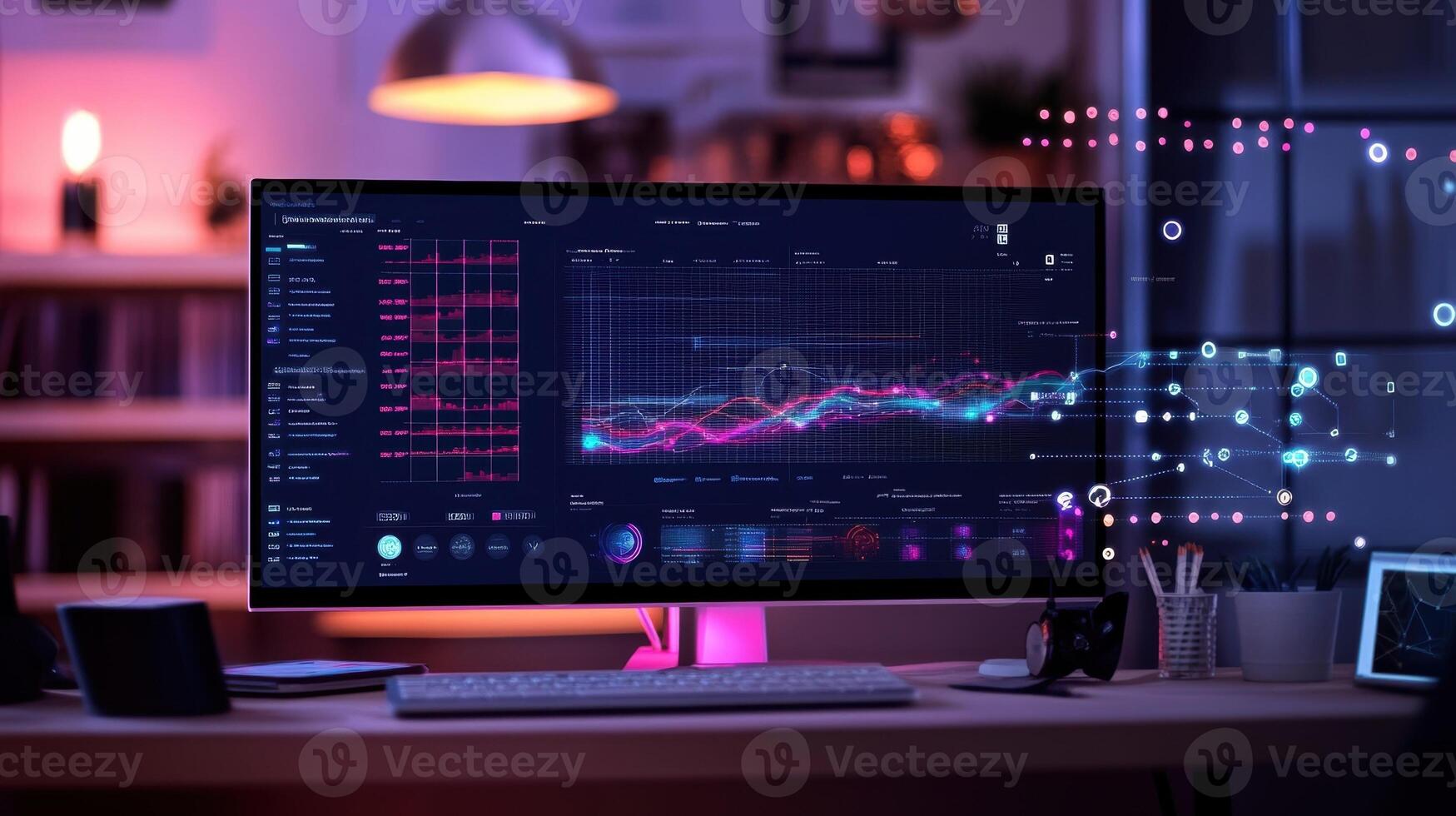 Computer showing futuristic charts and business data analysis in modern office at night photo