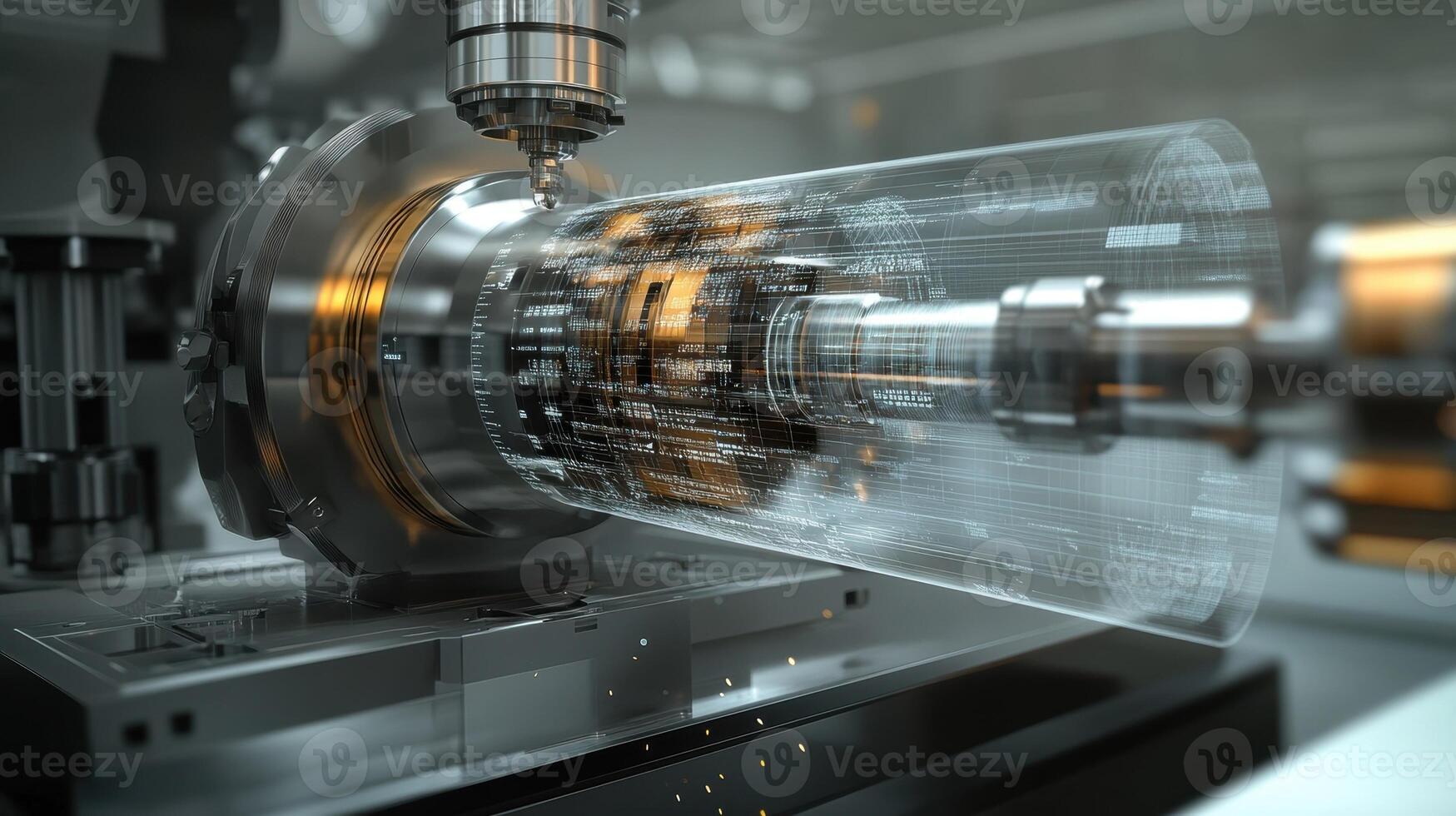 Cnc machine processing metal part with futuristic hud interface displaying technical information photo