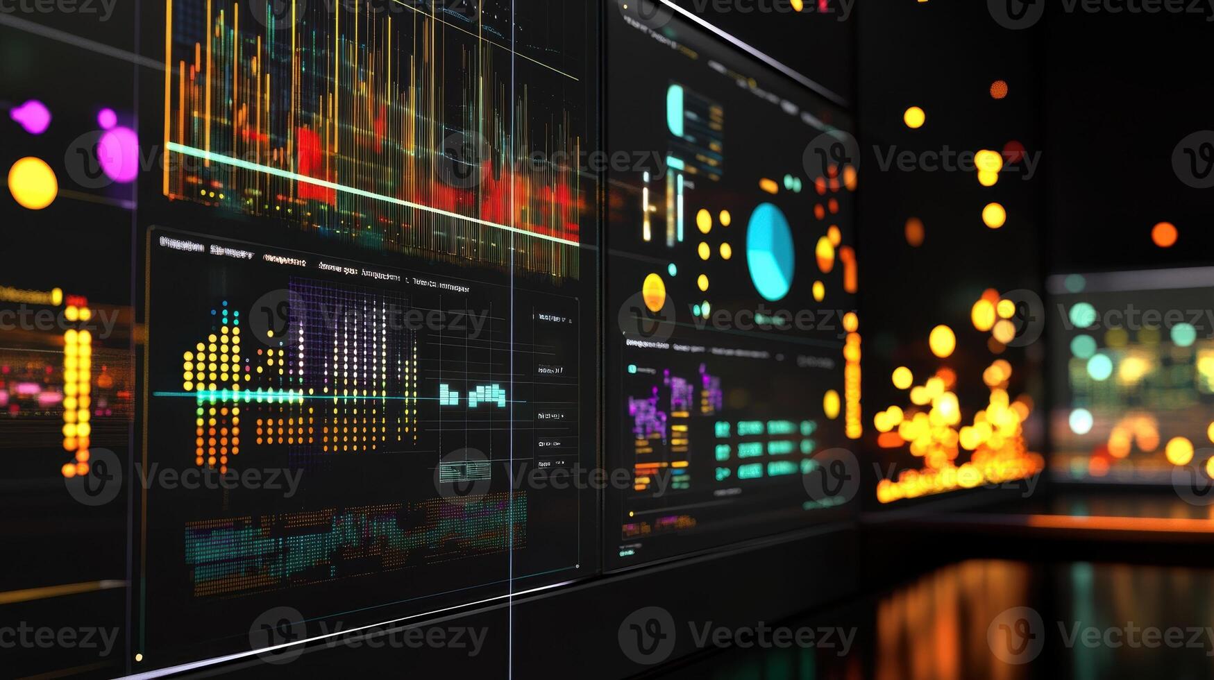 Multiple screens showing colorful futuristic user interface with charts and data analysis photo