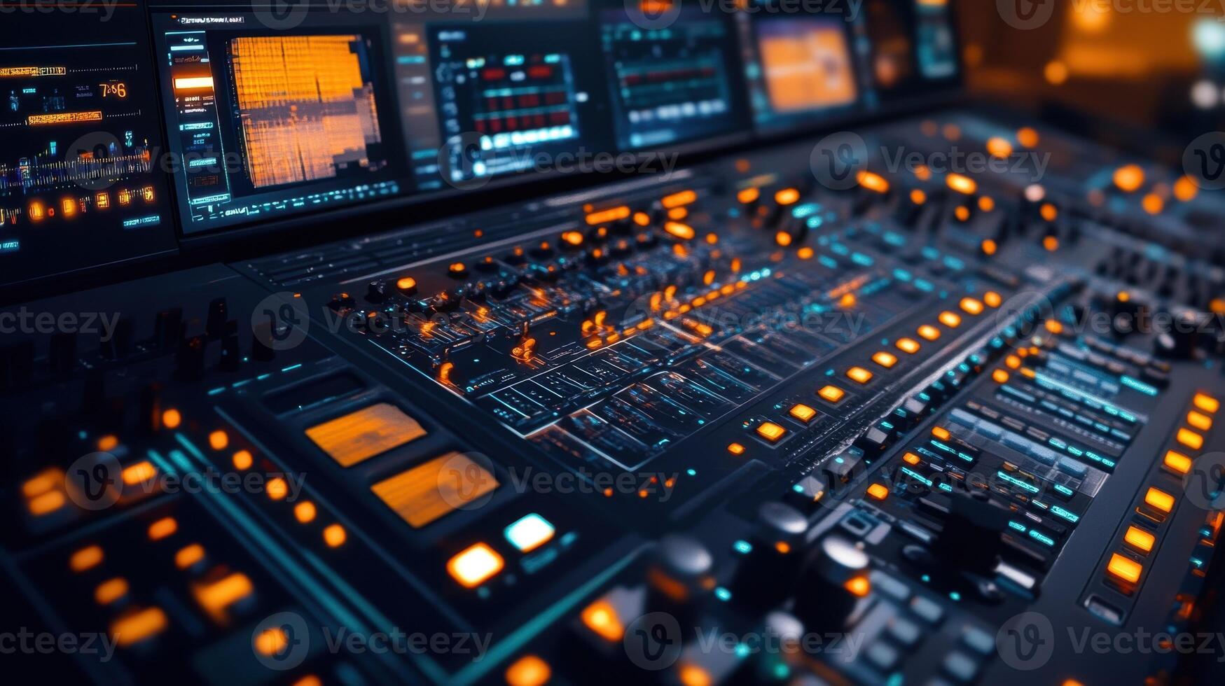 Professional audio mixing console with illuminated buttons and digital display showing audio waveforms photo