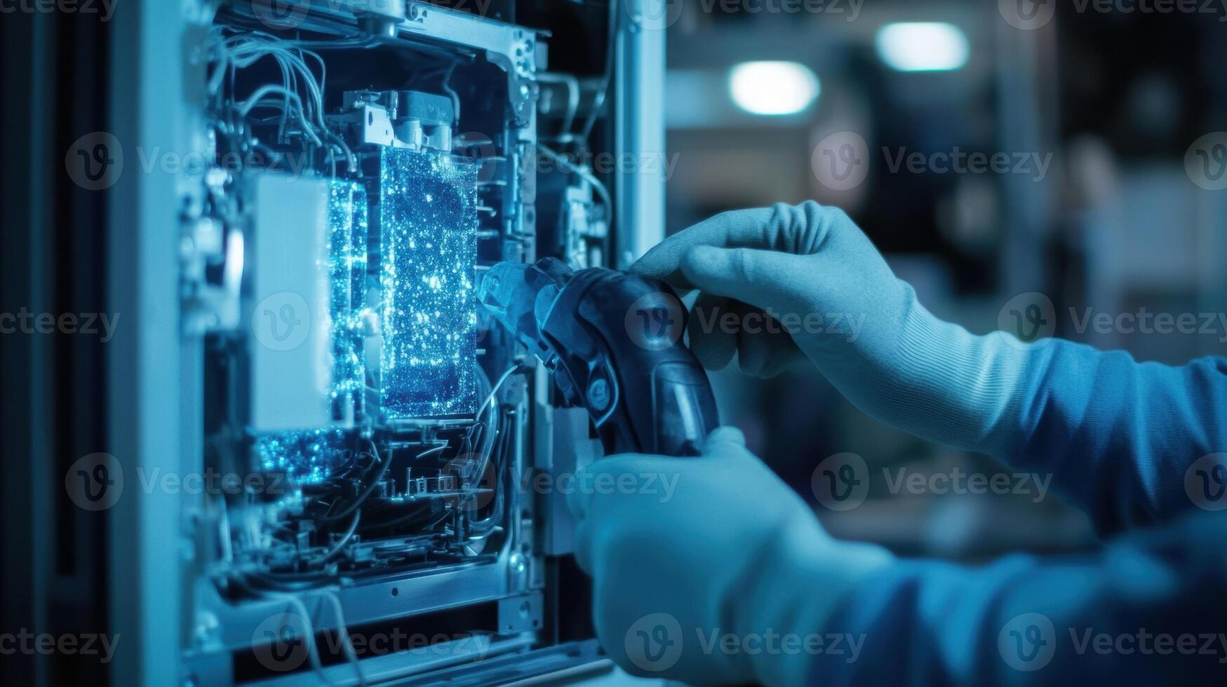 Engineer plugging futuristic charging cable into server rack in high tech data center photo