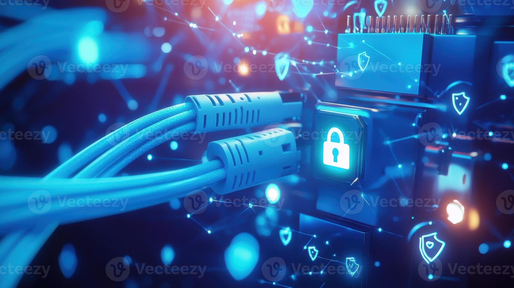 Network security concept with cables, padlock, and shield icons protecting data flow photo