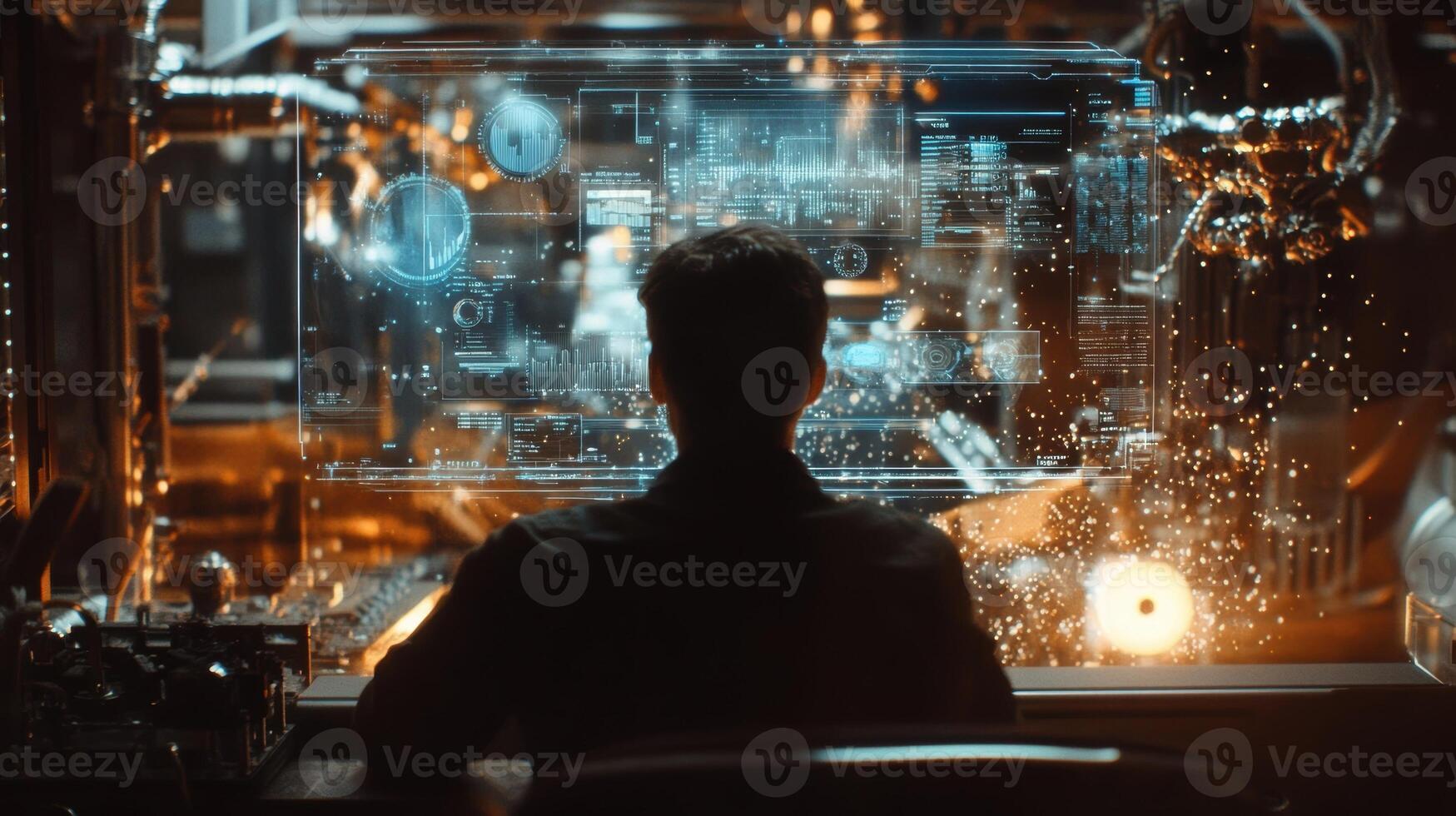 Industrial engineer working with futuristic transparent display and monitoring production process in a high tech factory photo