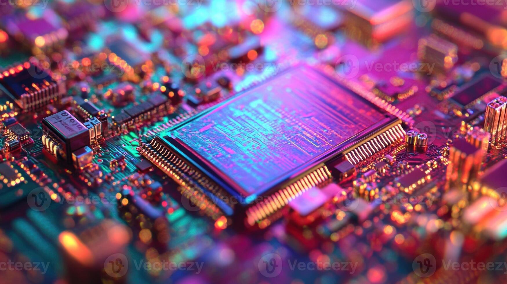 Colorful printed circuit board showing microchip, resistors, and capacitors photo