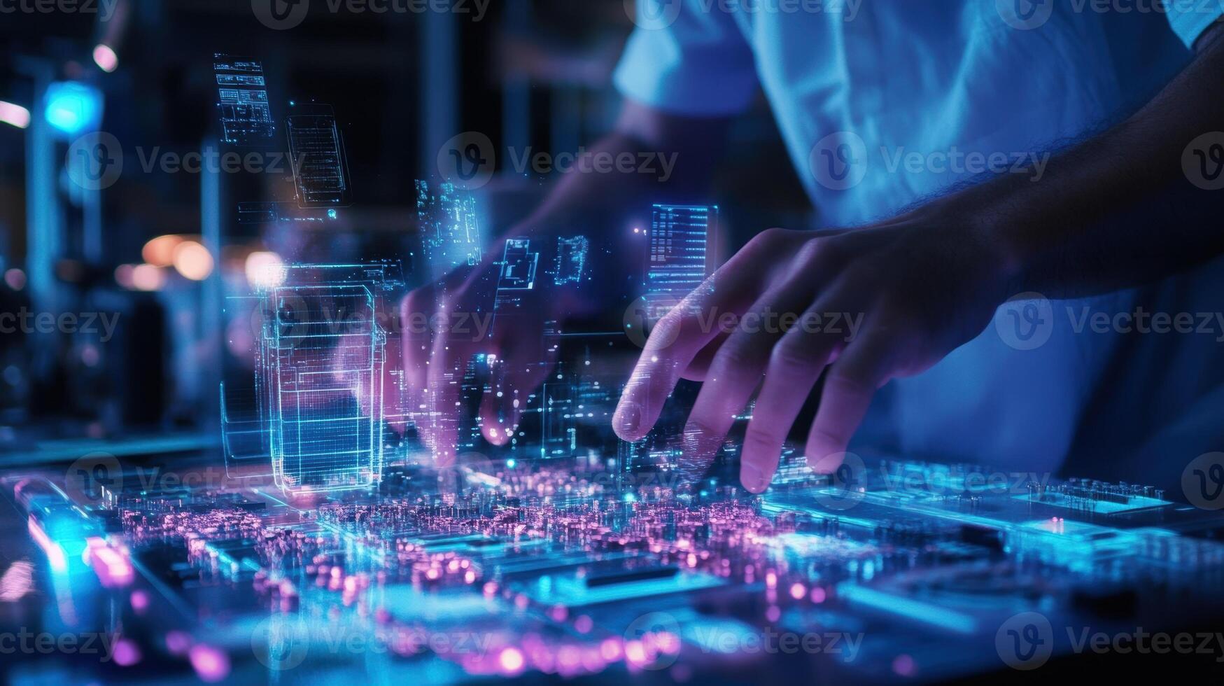 Engineer working with holographic futuristic interface in augmented reality photo