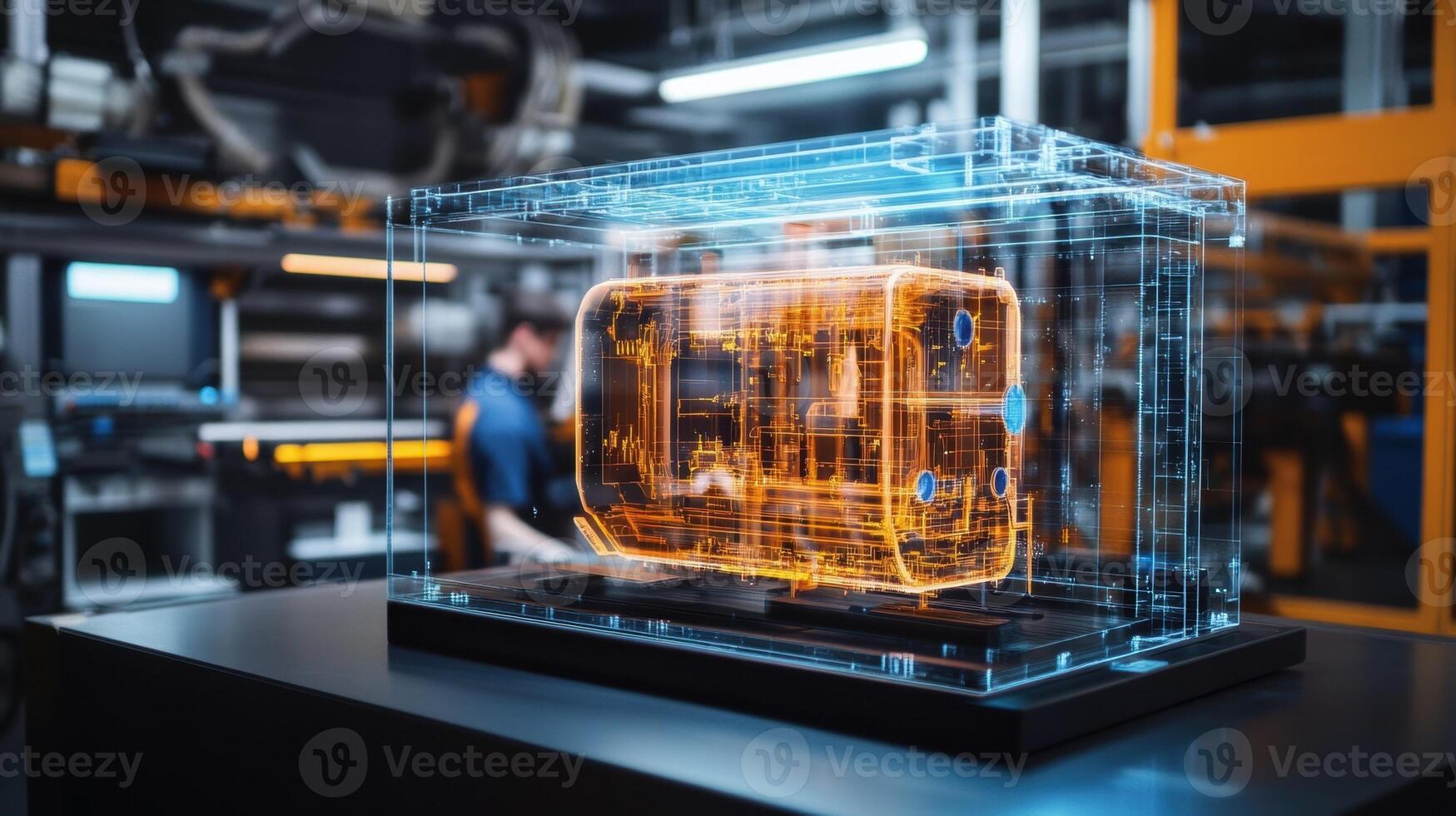 Futuristic projection of engine component illuminates modern factory setting photo