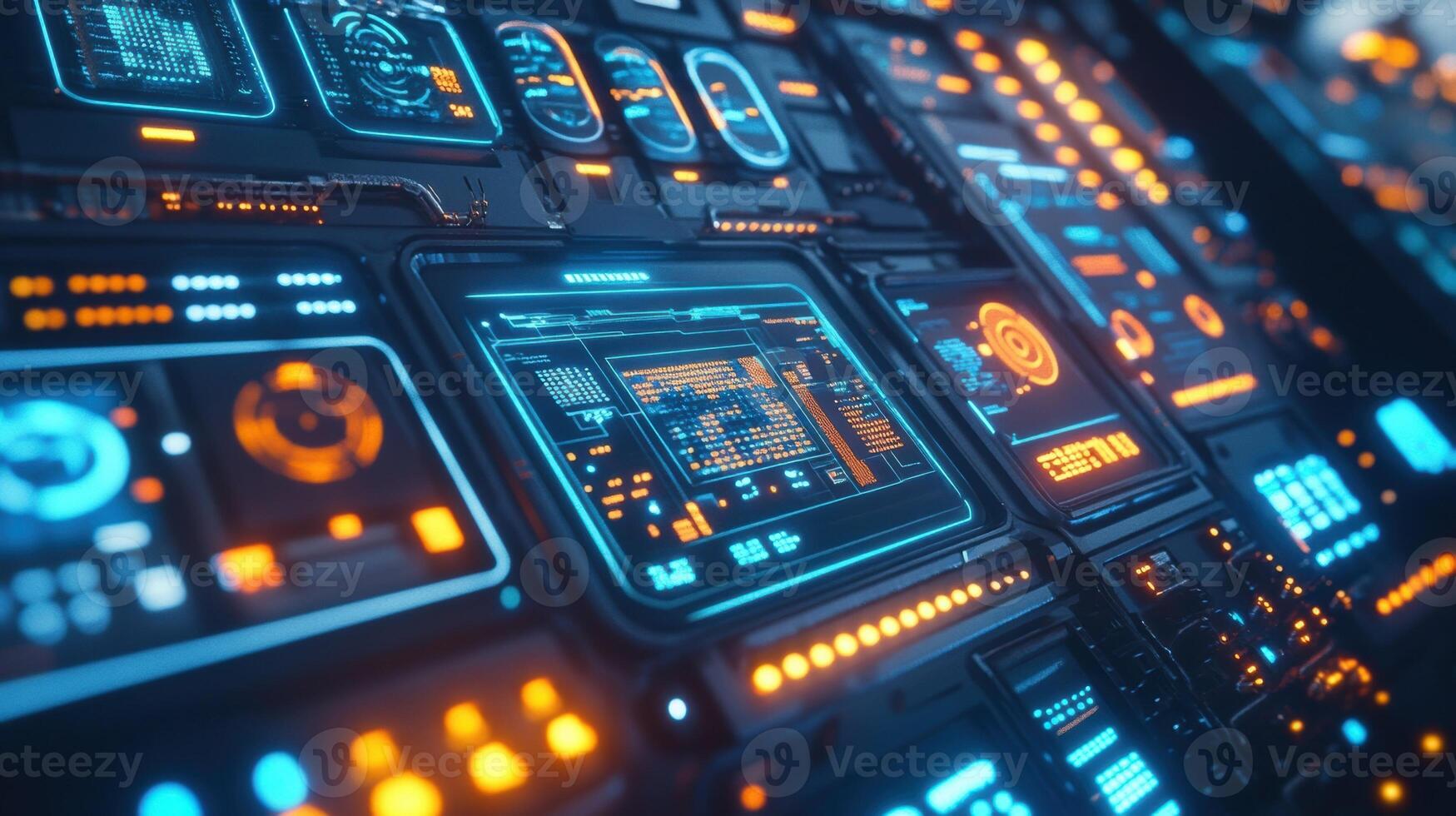 Futuristic control panel showing complex data and information in orange and blue colors photo