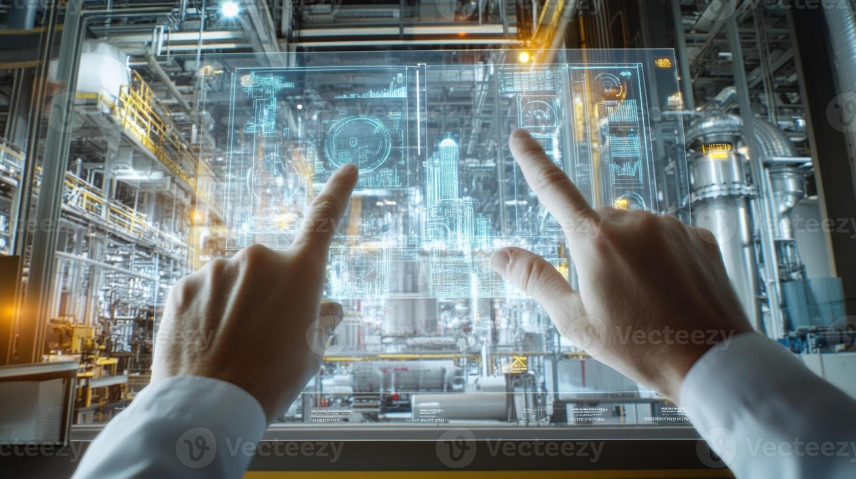 Industrial engineer using futuristic transparent touchscreen to control manufacturing process photo