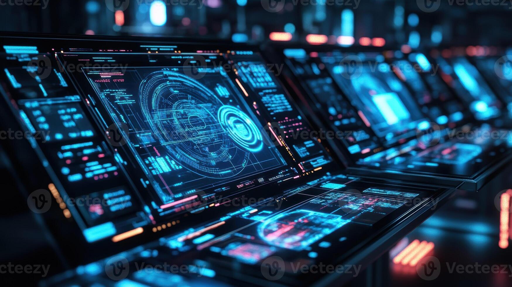 Futuristic control room monitoring showing data analysis on multiple screens photo