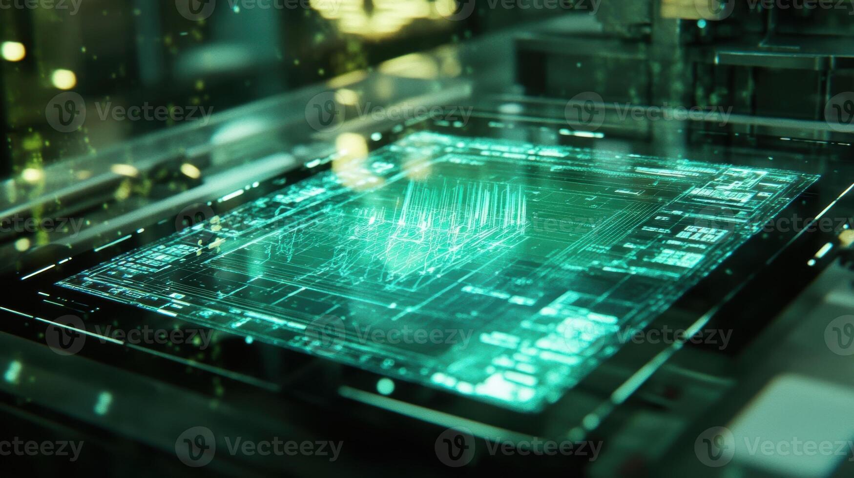 Futuristic holographic interface displaying complex data analysis in a technological environment photo