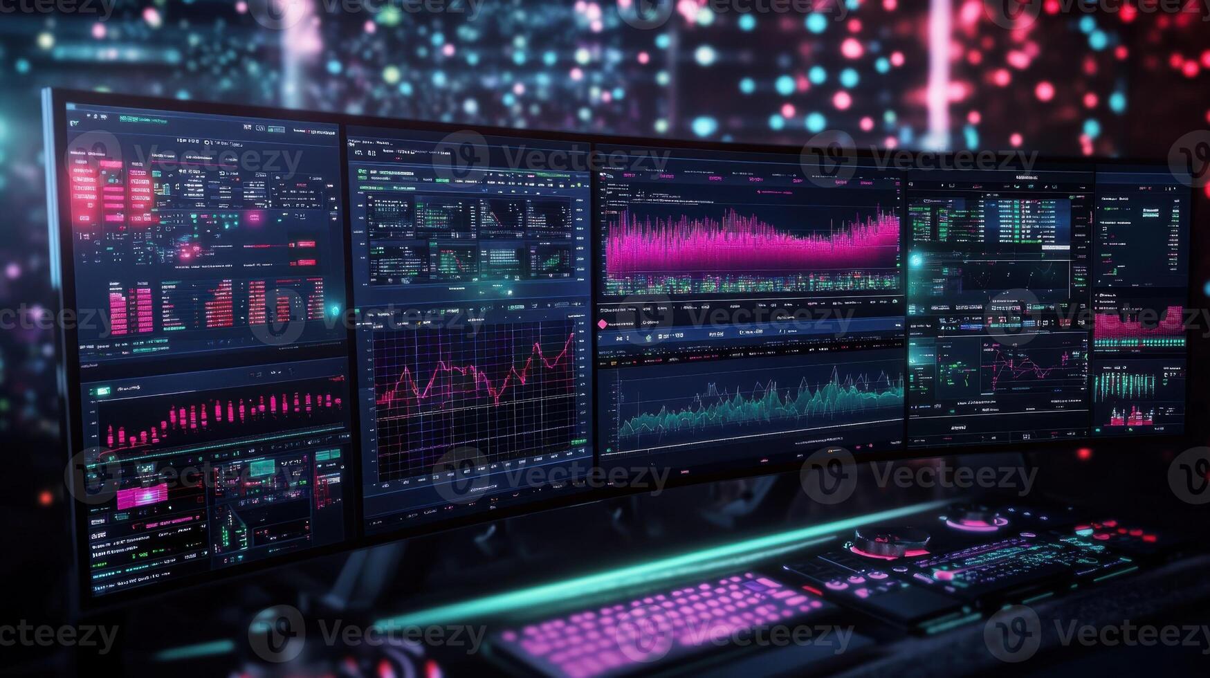 Modern workplace showing financial data on multiple computer screens photo