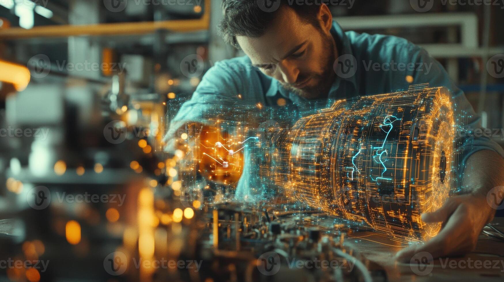 Industrial engineer working with futuristic holographic projection of engine in factory photo