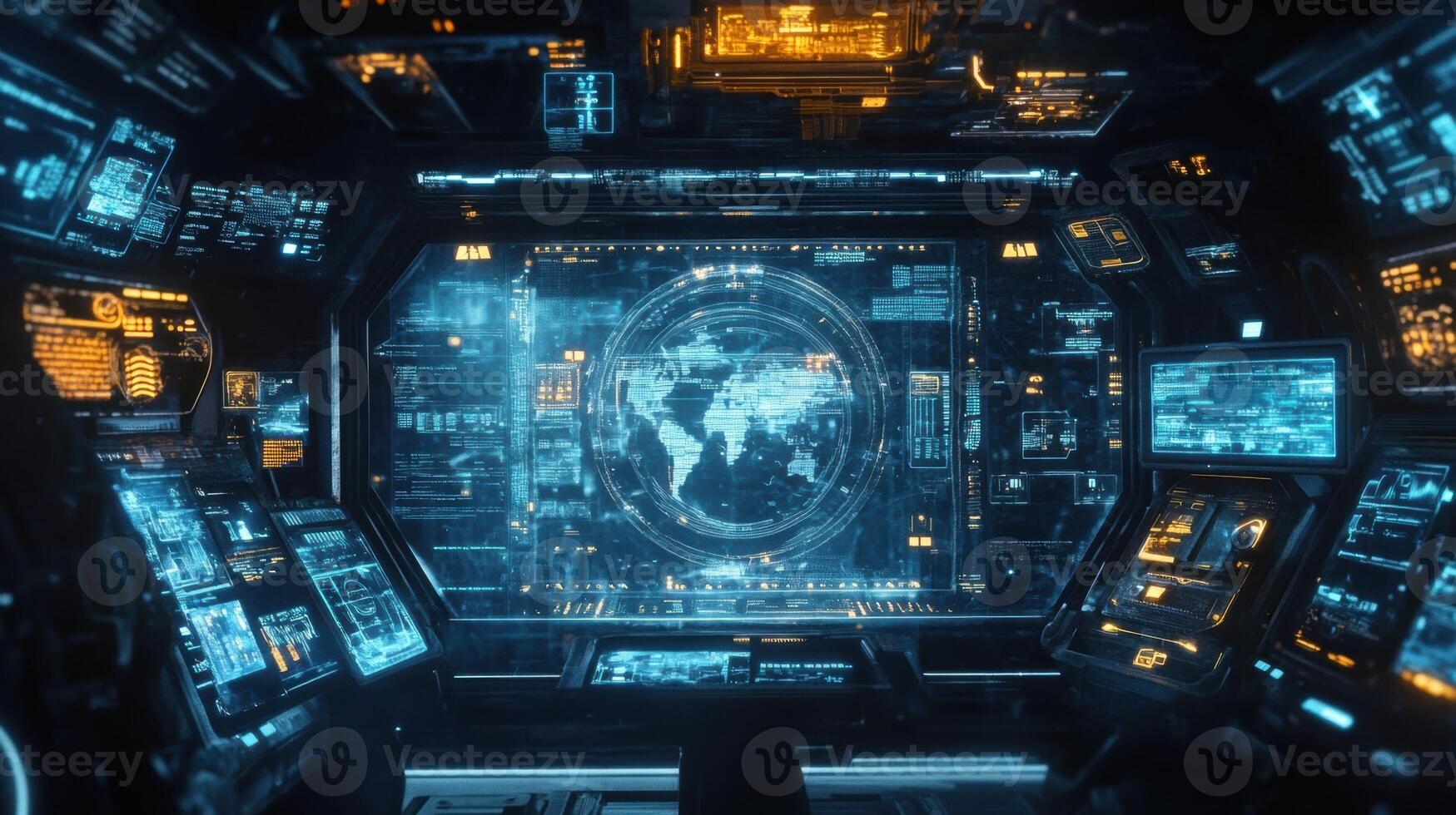 Futuristic spaceship cockpit monitoring planet earth with digital displays photo