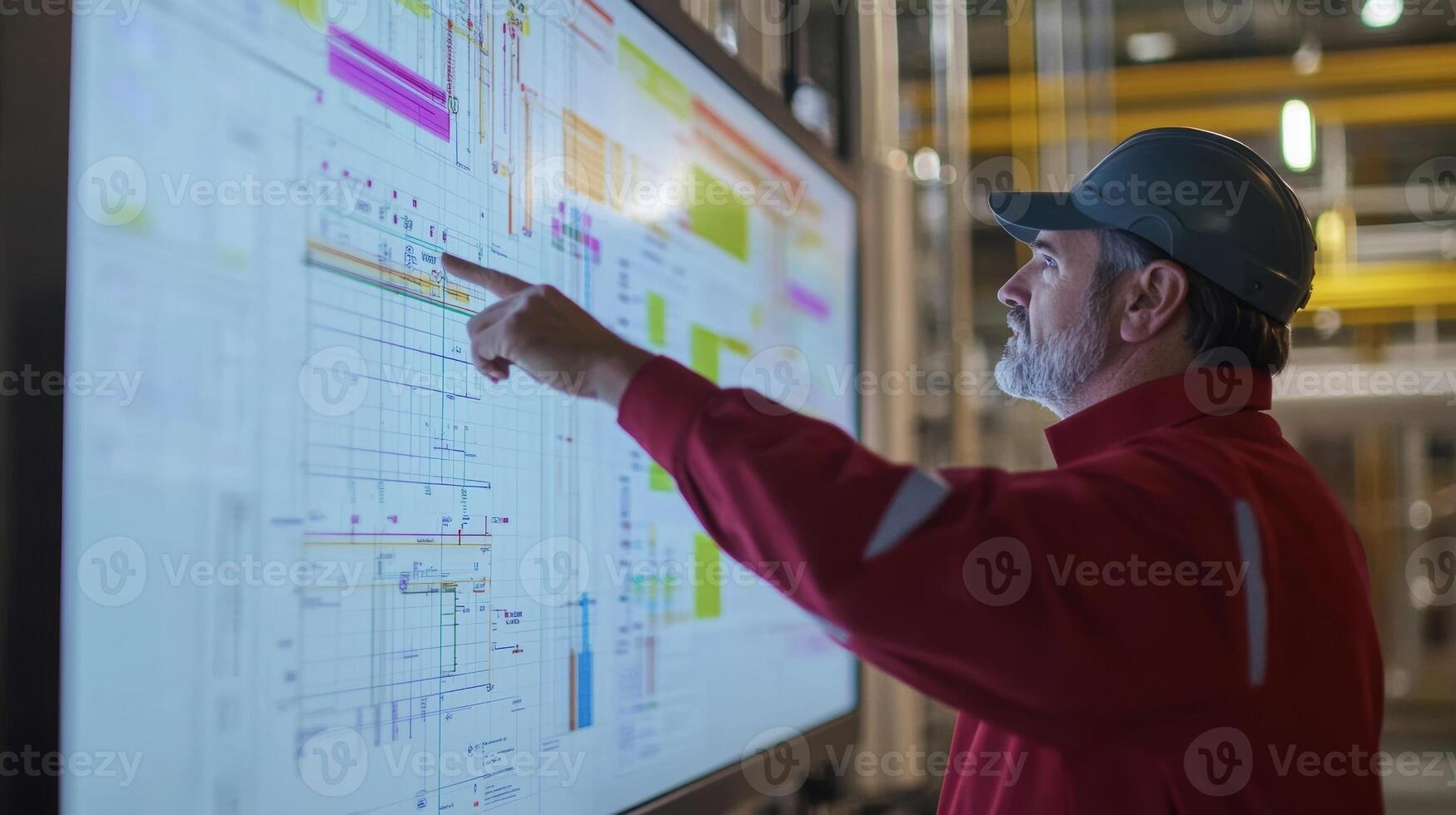 Industrial supervisor analyzing production data on interactive whiteboard in factory photo