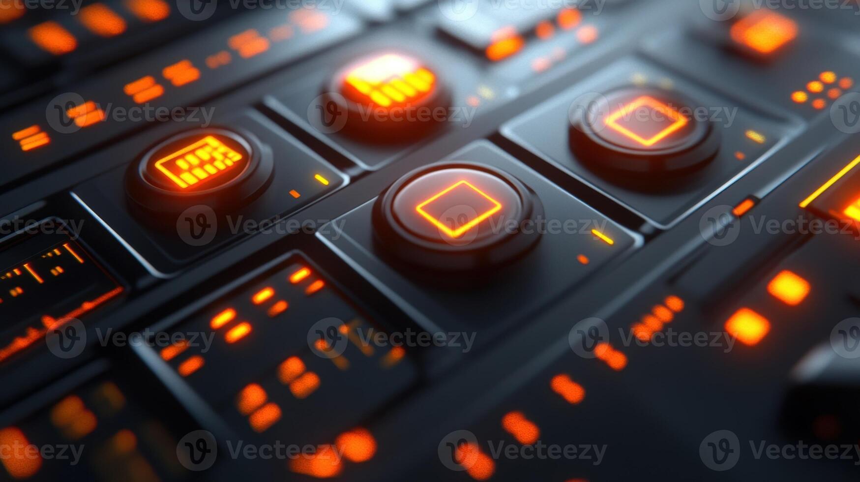 Futuristic control panel with glowing orange buttons and indicators photo