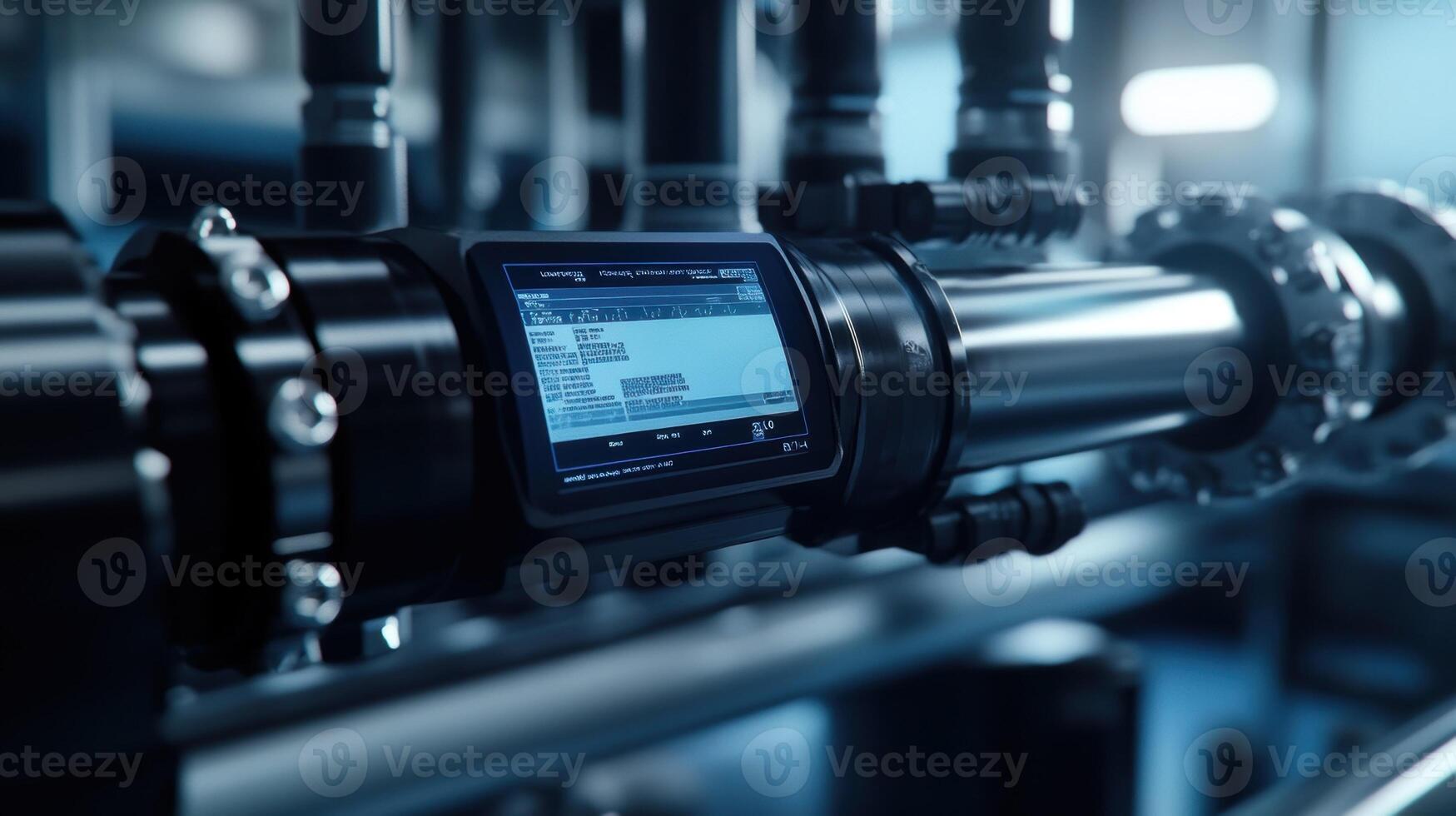 Digital sensor displaying data on industrial pipeline in modern factory photo