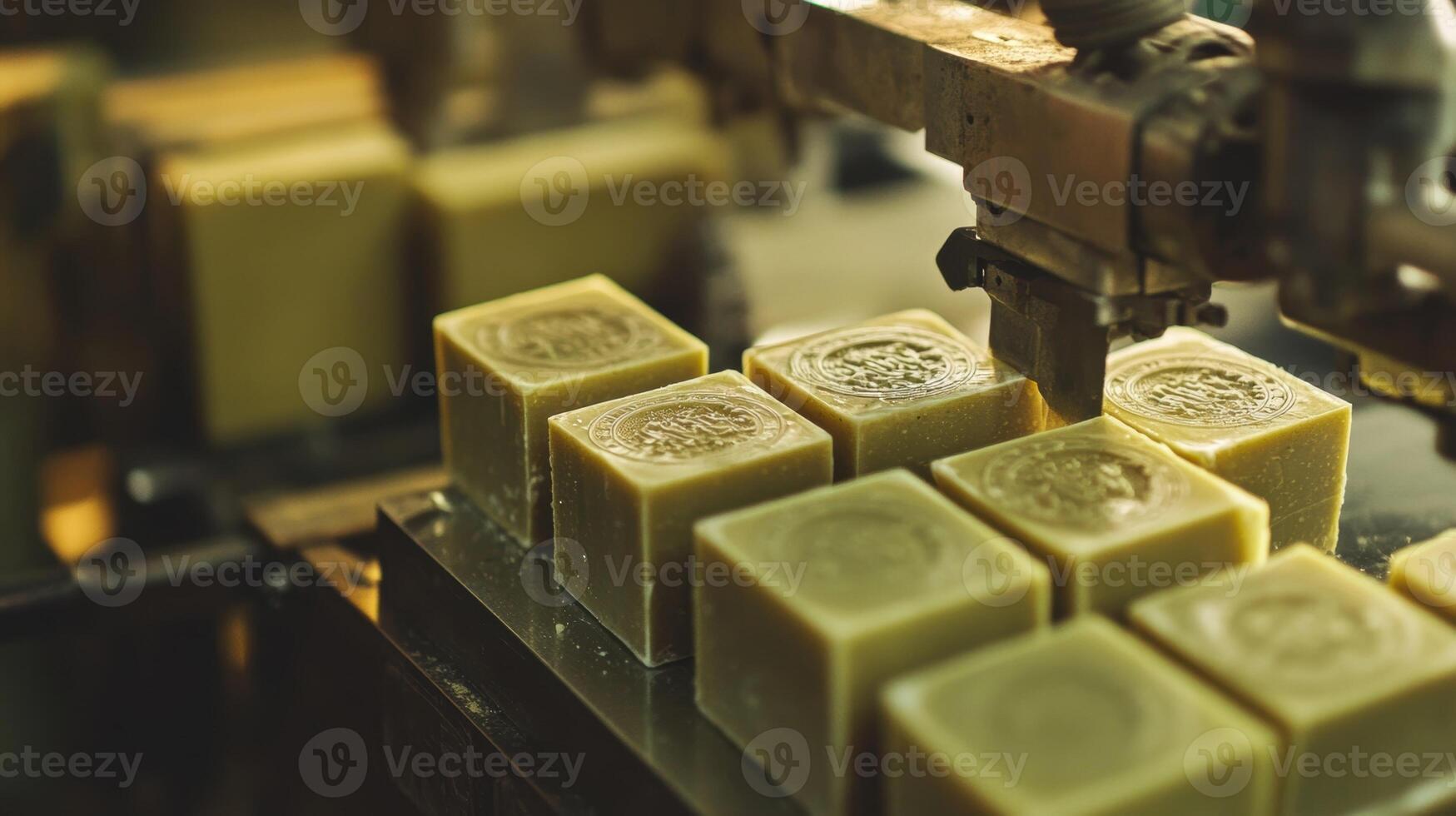 Automated machine stamping logo on olive green soap bars in factory photo