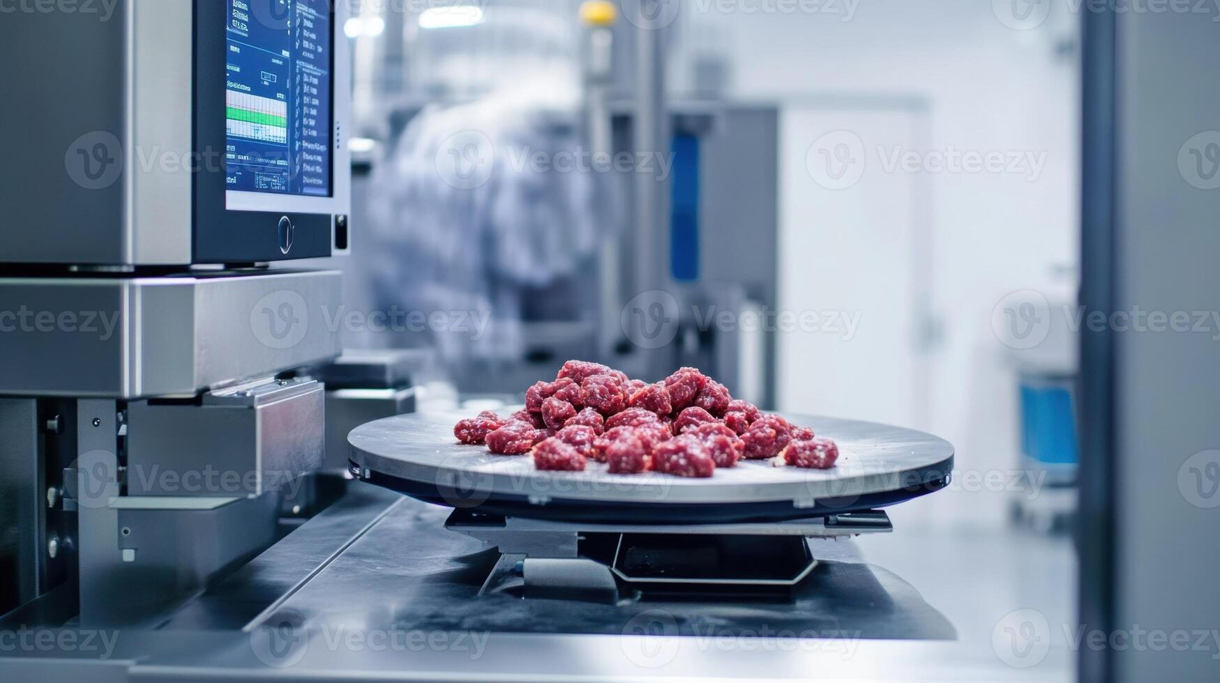 Ground meat being processed by industrial food processing machine photo