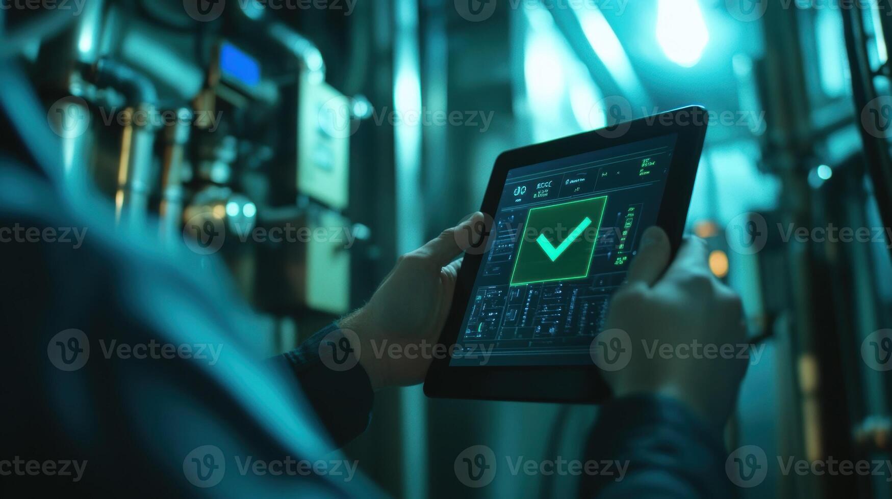 Engineer using tablet with check mark in industrial environment photo