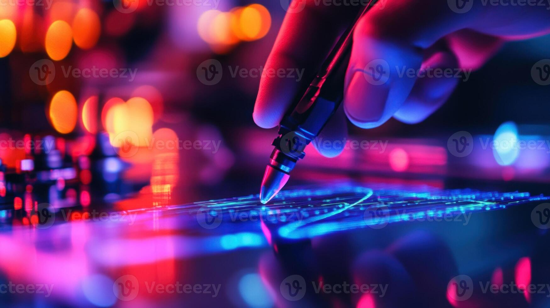 Designer drawing futuristic interface with digital pen in neon lights photo
