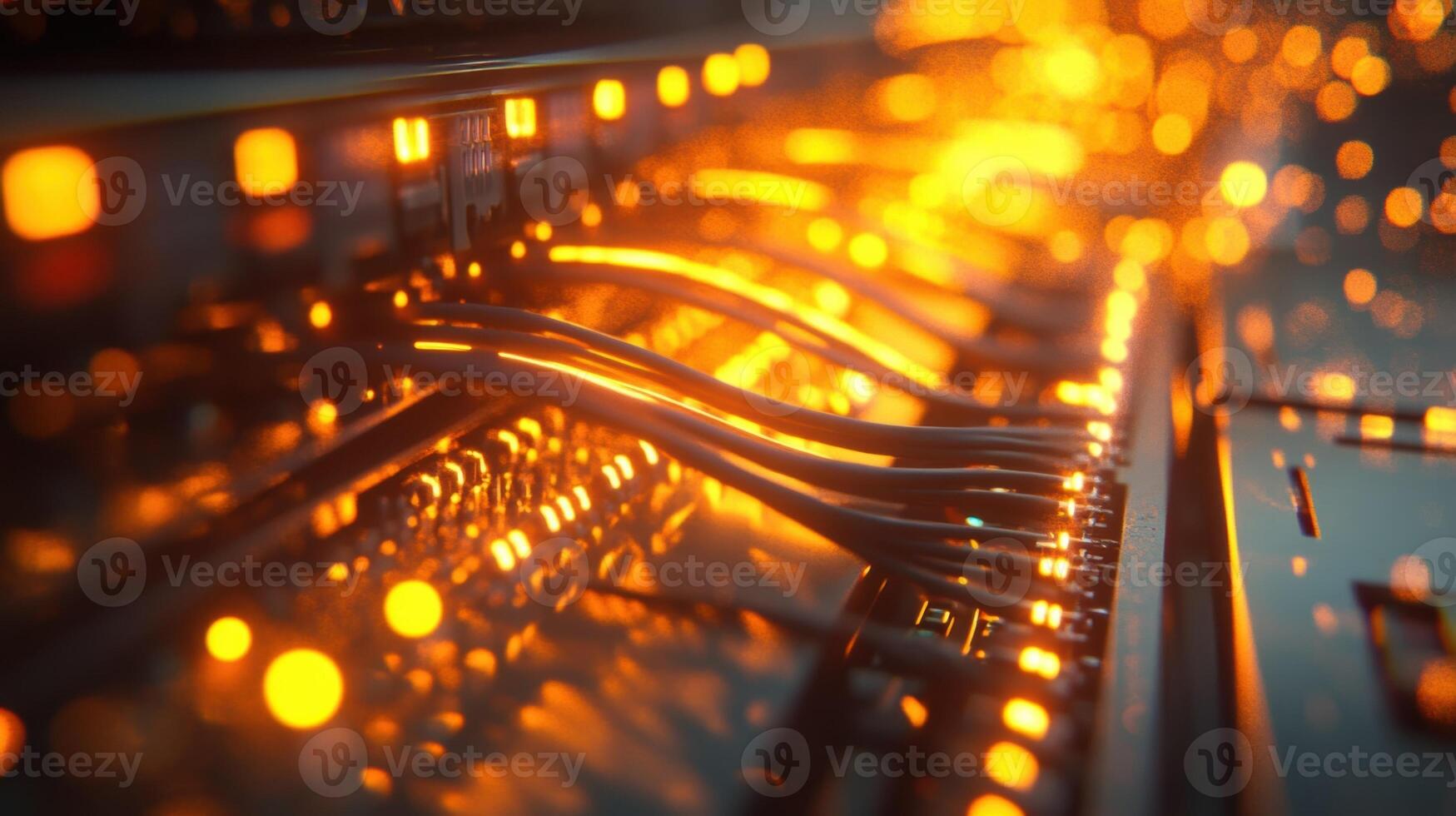 Server room cables connecting to network hardware and flashing lights photo