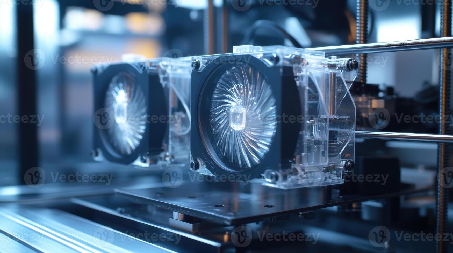 Automated industrial 3d printer creating futuristic transparent plastic object photo