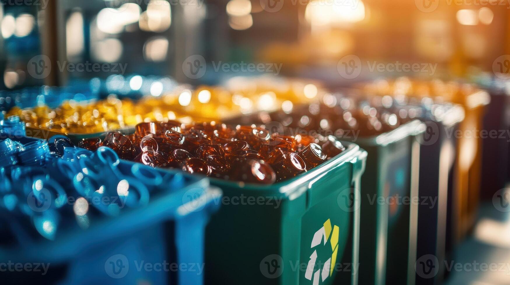 Glass bottles being separated by color for recycling in a waste sorting plant photo