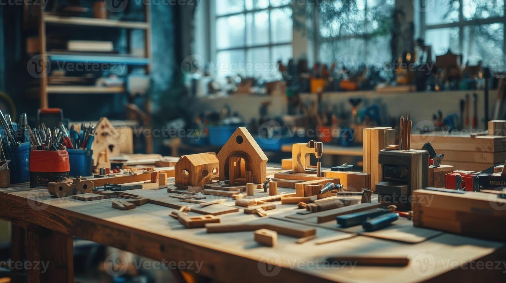 Carpenter creating wooden architectural model houses in workshop photo