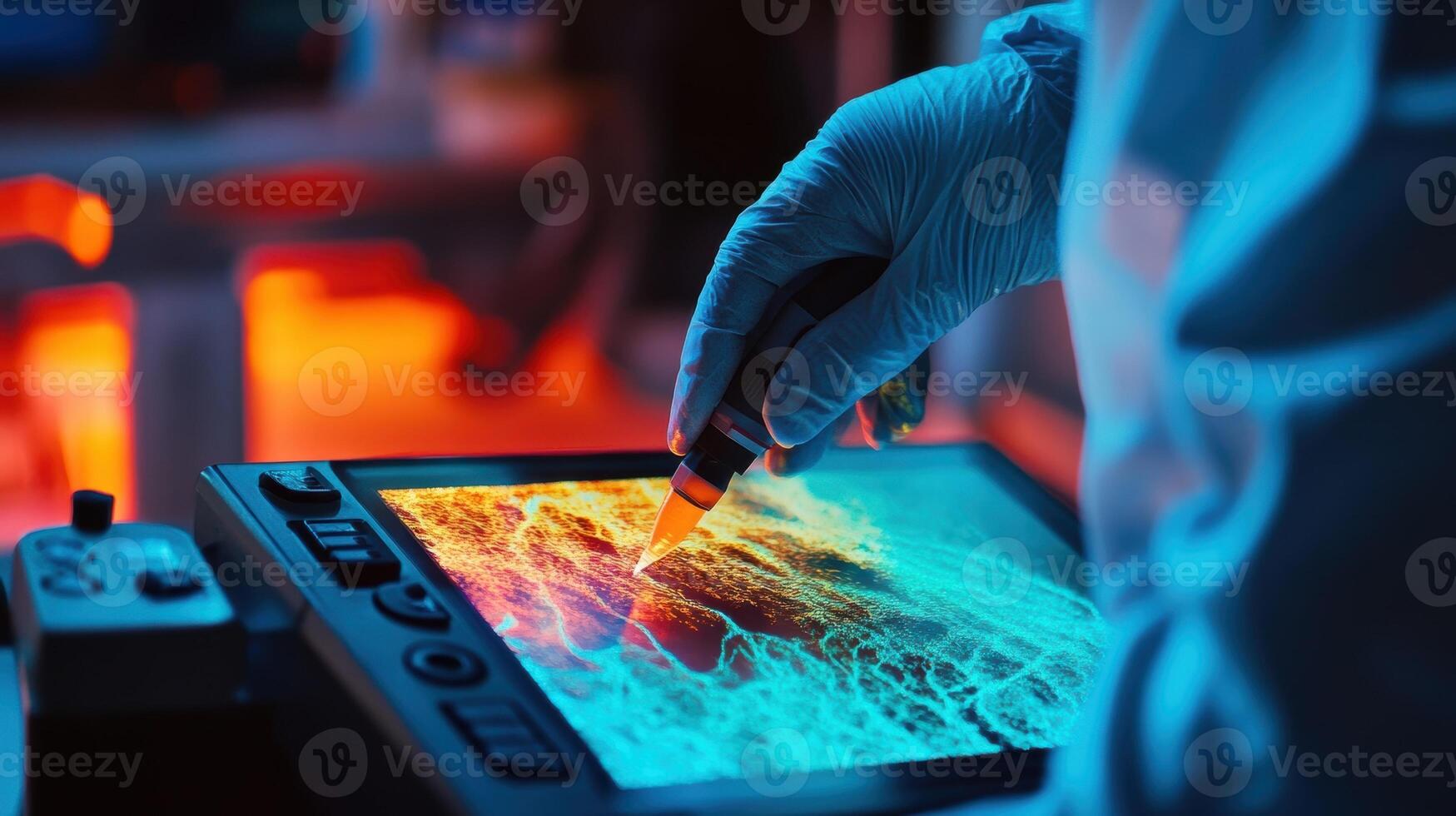 Scientist analyzing data on futuristic touchscreen in modern laboratory photo