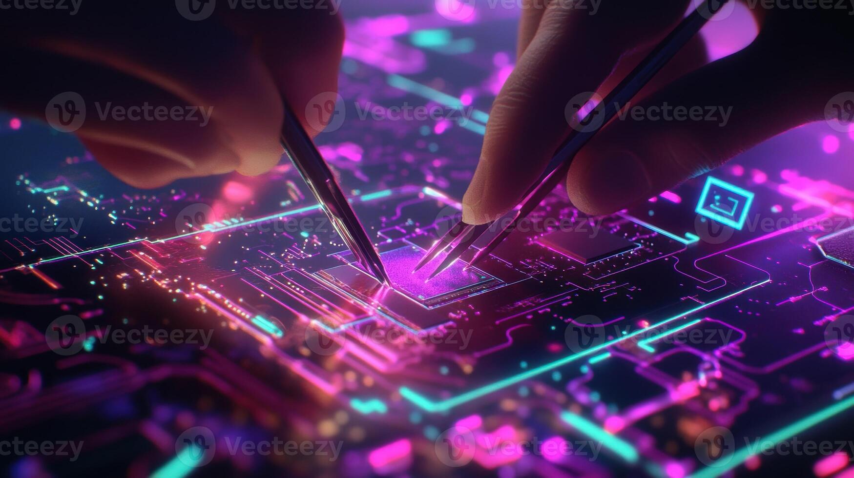 Technicians repairing microchip on futuristic circuit board with neon lights photo