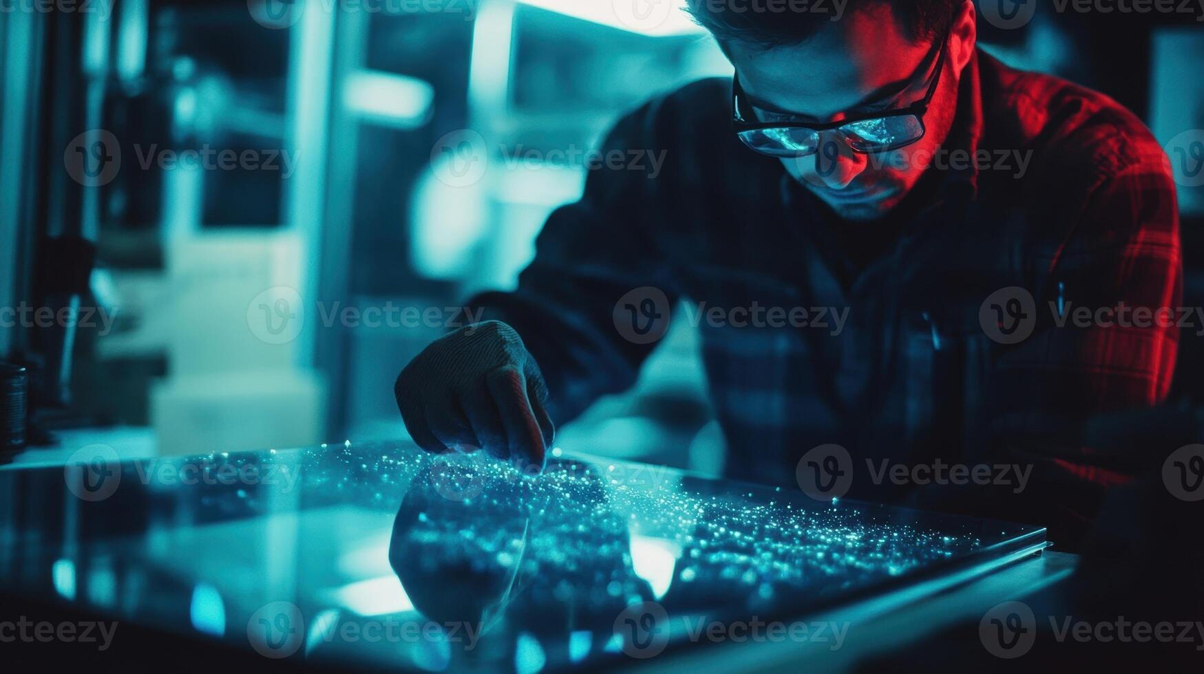 Scientist analyzing glowing particles on interactive touchscreen table in futuristic laboratory photo