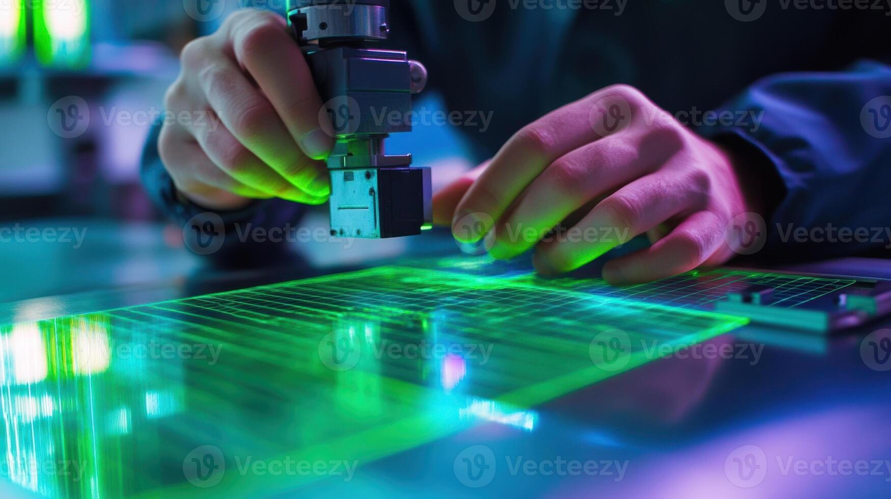 Electrical engineer working with futuristic holographic projection technology photo