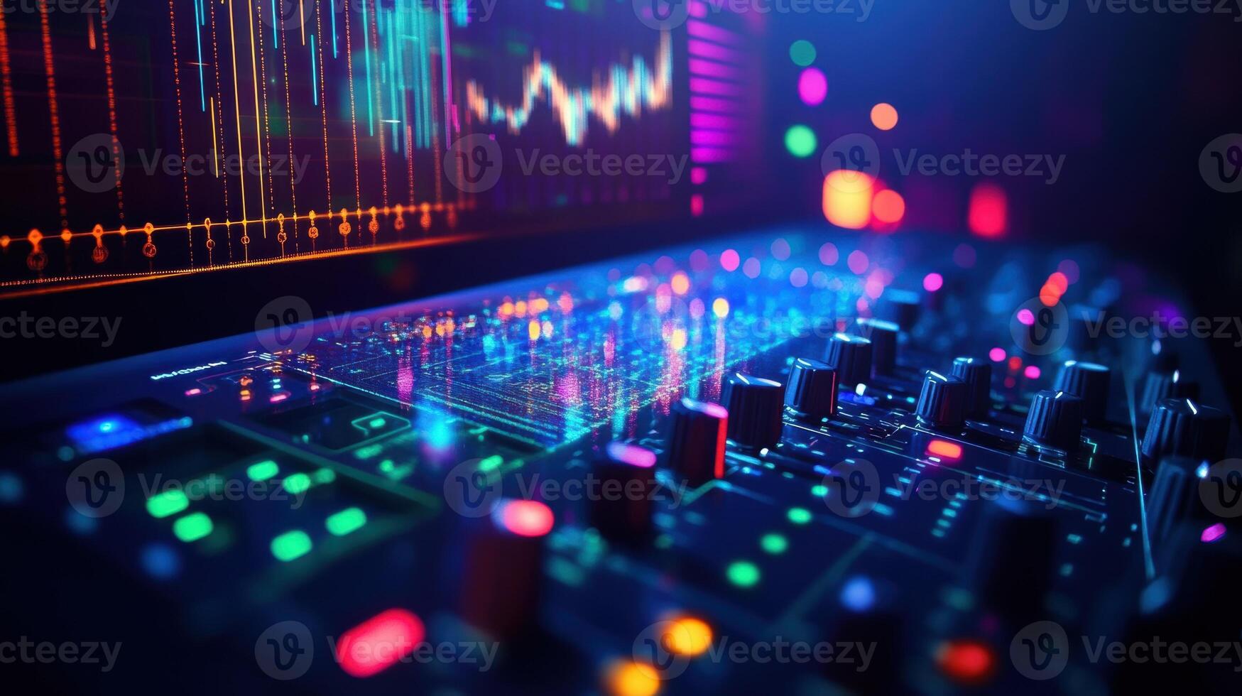 Professional audio mixer and computer showing music production software with charts and colorful bokeh photo