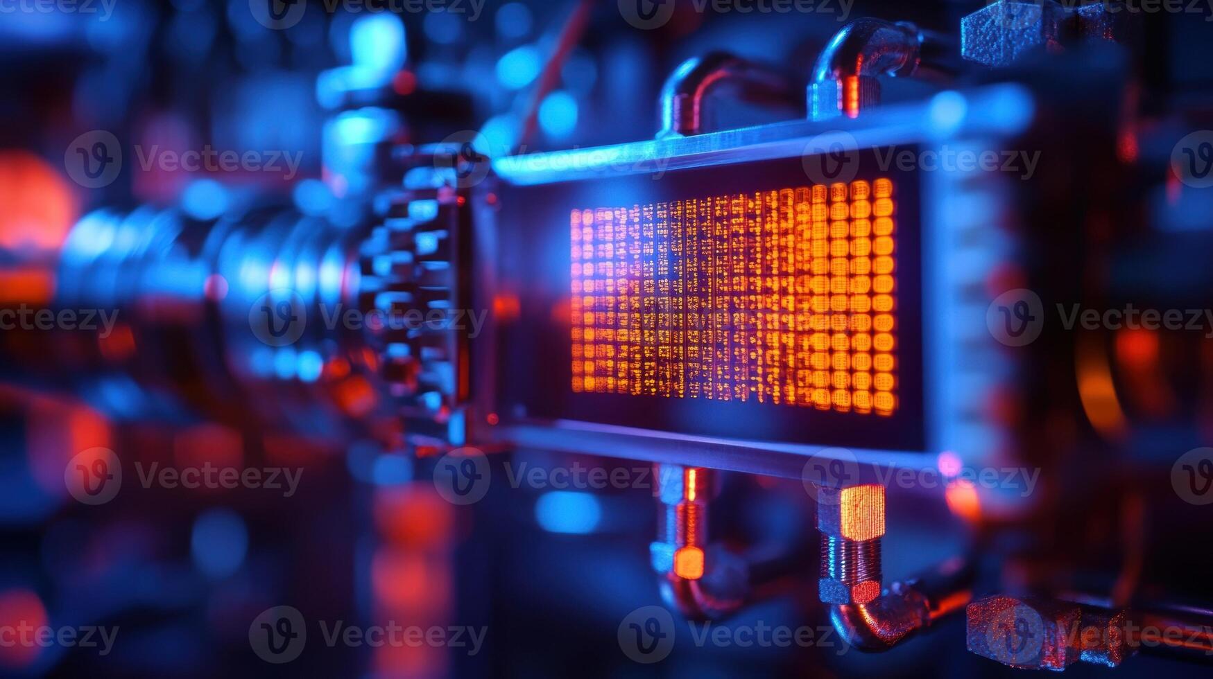 Futuristic industrial device displaying complex data in orange on blue background photo