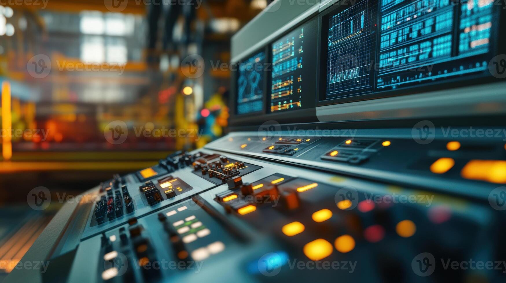Control panel monitoring industrial manufacturing process with computer screens displaying data and information photo
