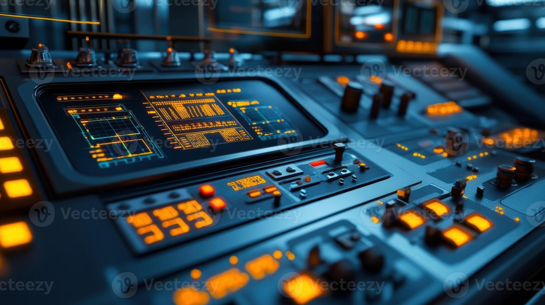 Futuristic control panel displaying complex data in a technological environment photo
