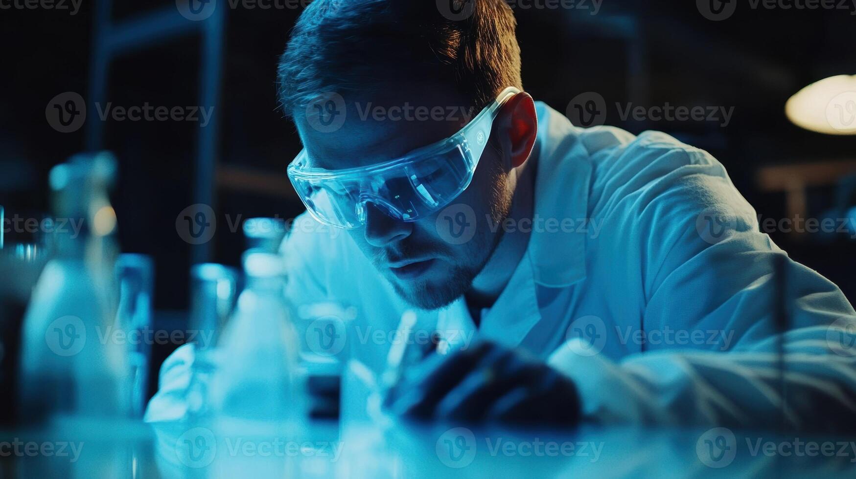Scientist wearing protective glasses working with pipette and flasks in laboratory at night photo