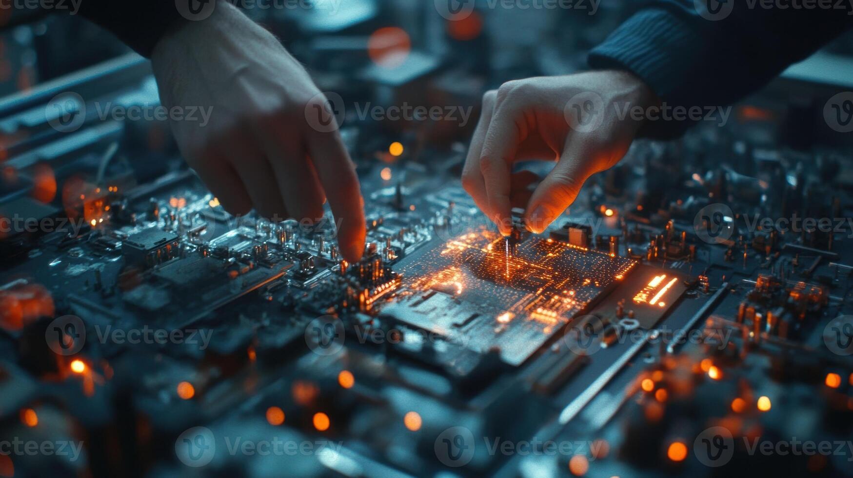 Electronics engineers working on motherboard installing microchip, close up photo