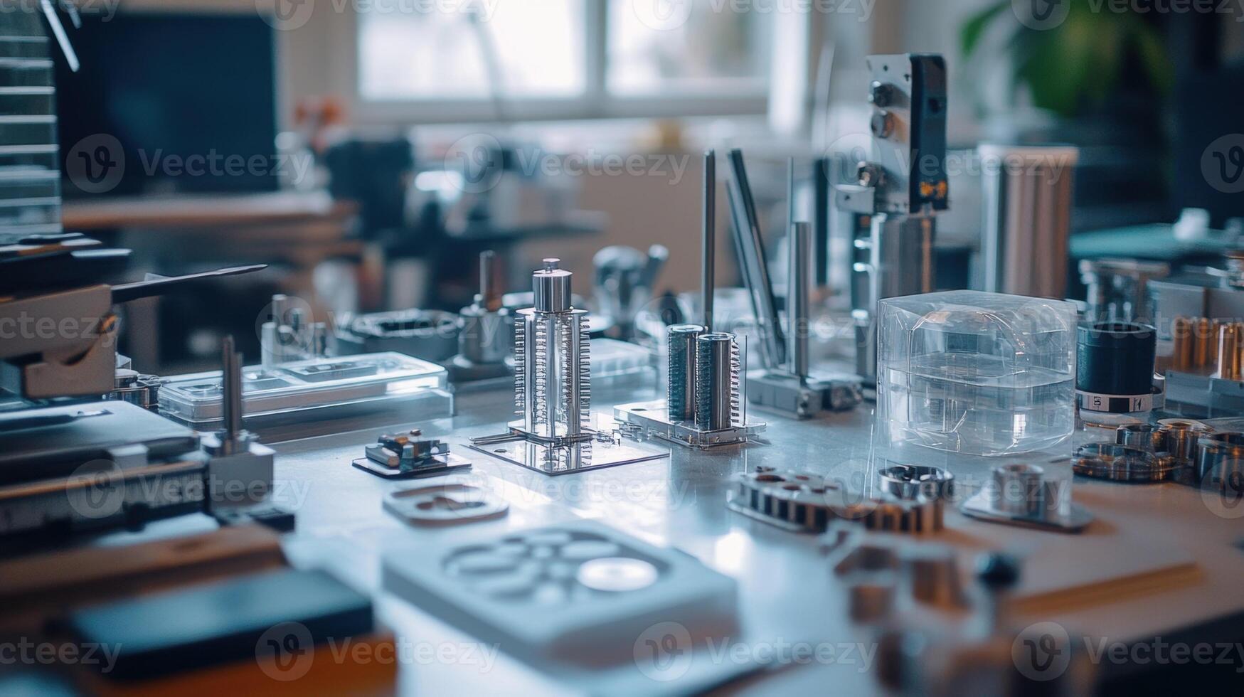 High tech components and microchips lying on metal table in a modern laboratory photo