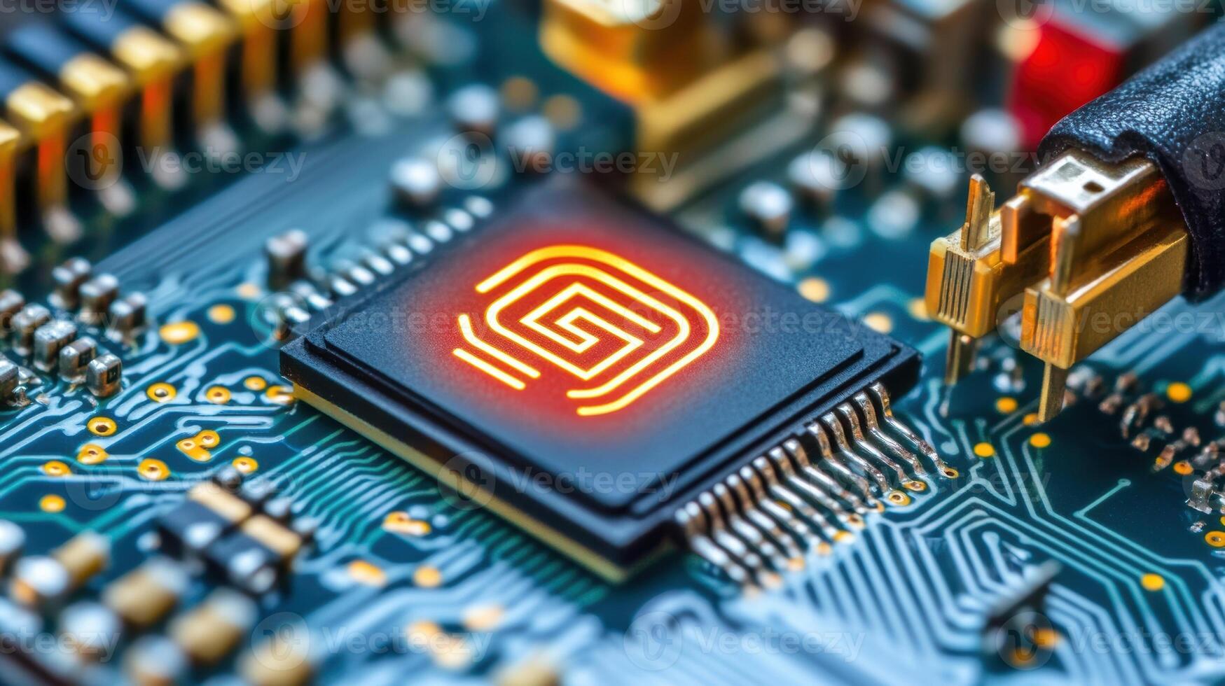 Fingerprint glowing on computer microchip showing cybersecurity and biometric identification photo