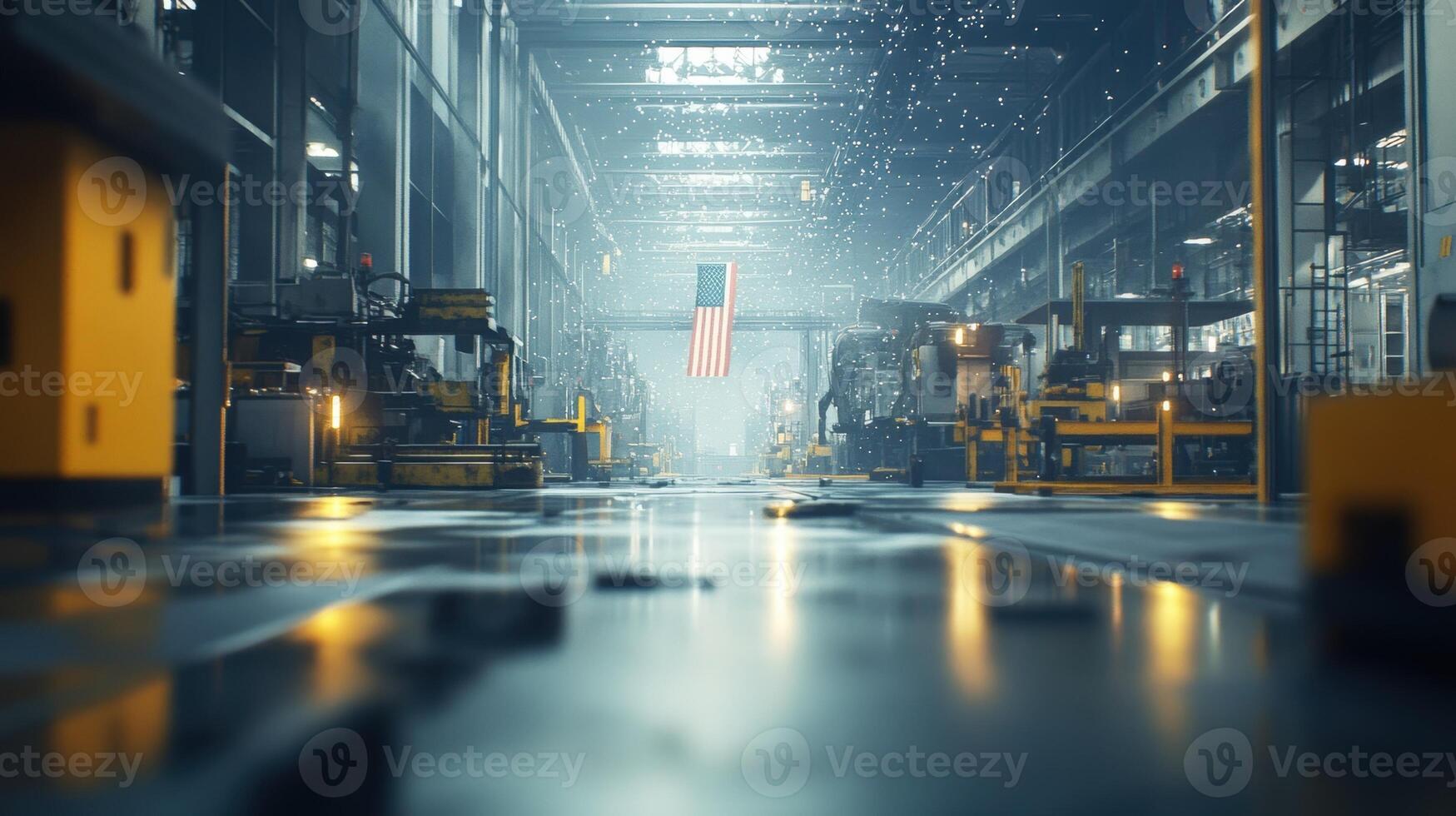 American flag hanging in deserted industrial factory at night photo