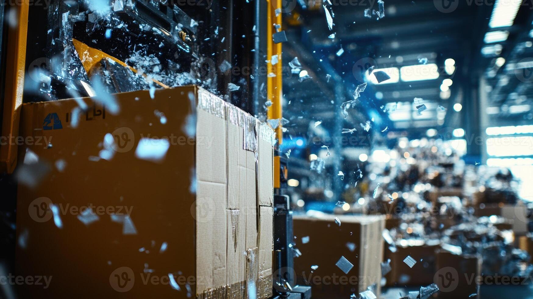 Forklift moving cardboard boxes in a busy recycling center with flying paper scraps photo