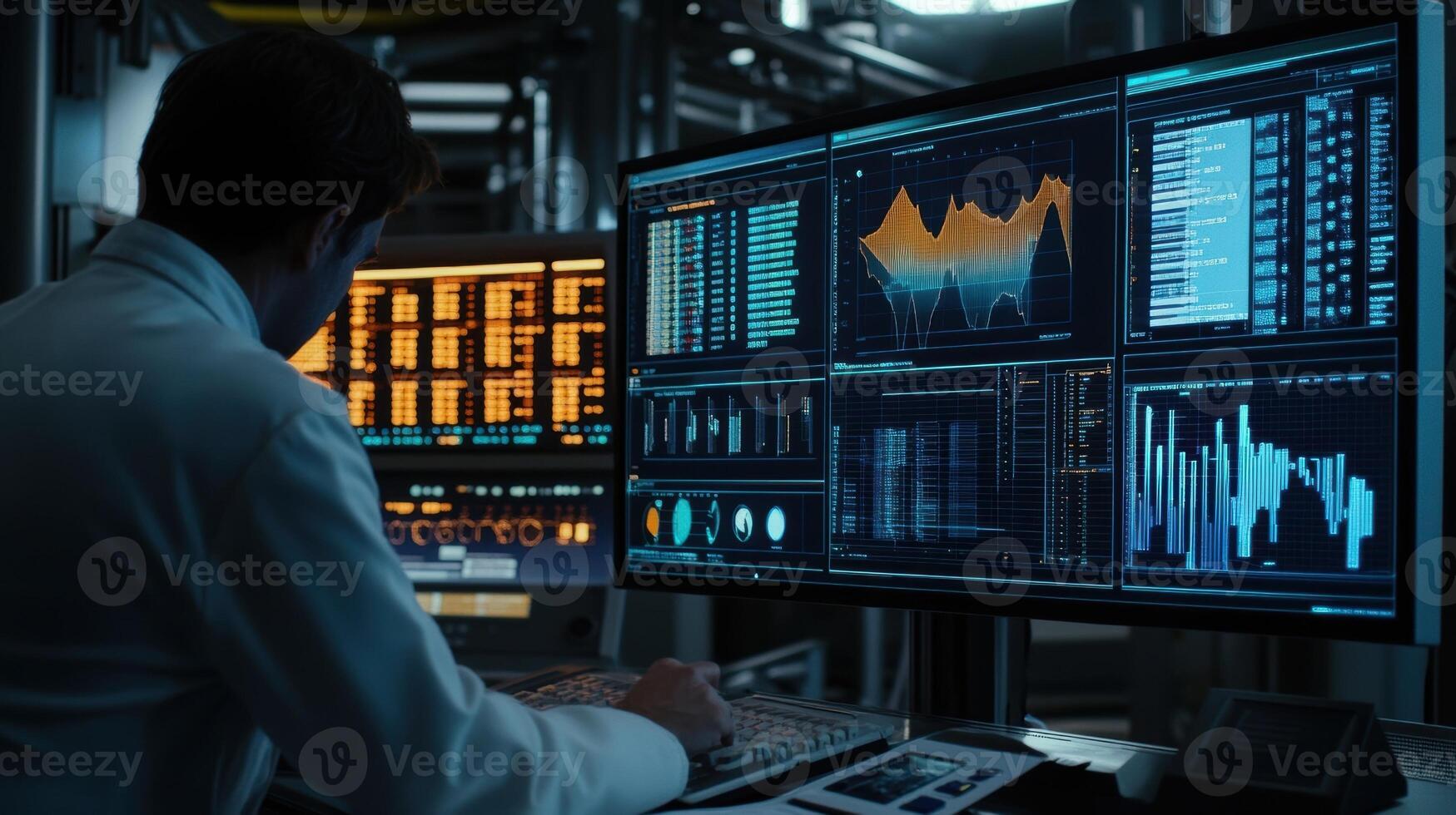 Industrial engineer analyzing graphs and big data on multiple computer screens photo